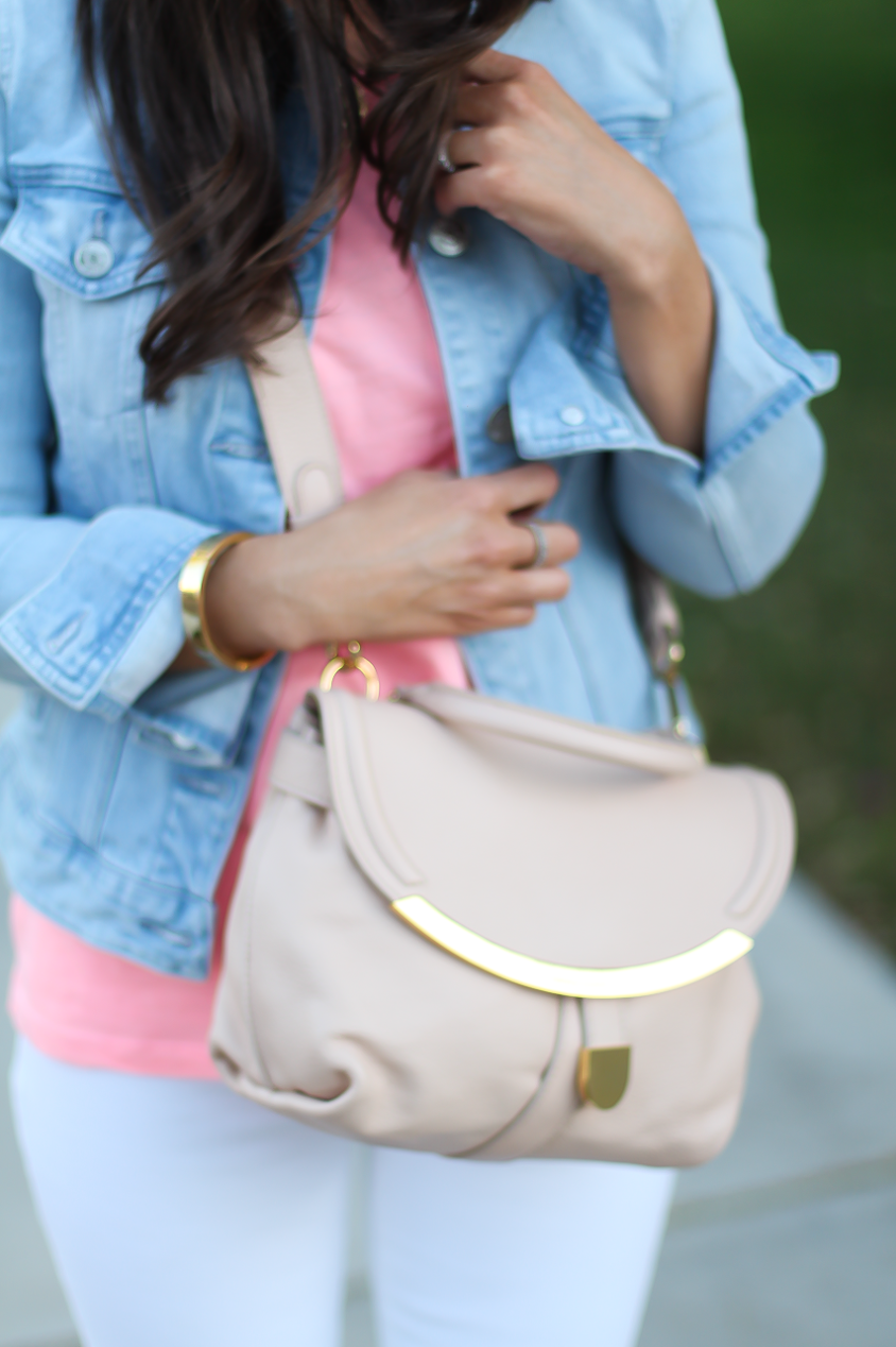 Light Rinse Denim Jacket, Pink Tank, White Distressed Crop Skinny Jeans, Cognac WEdges, Beige Crossbody Bag, J.Crew, J Brand, Madewell, See By Chloe 5