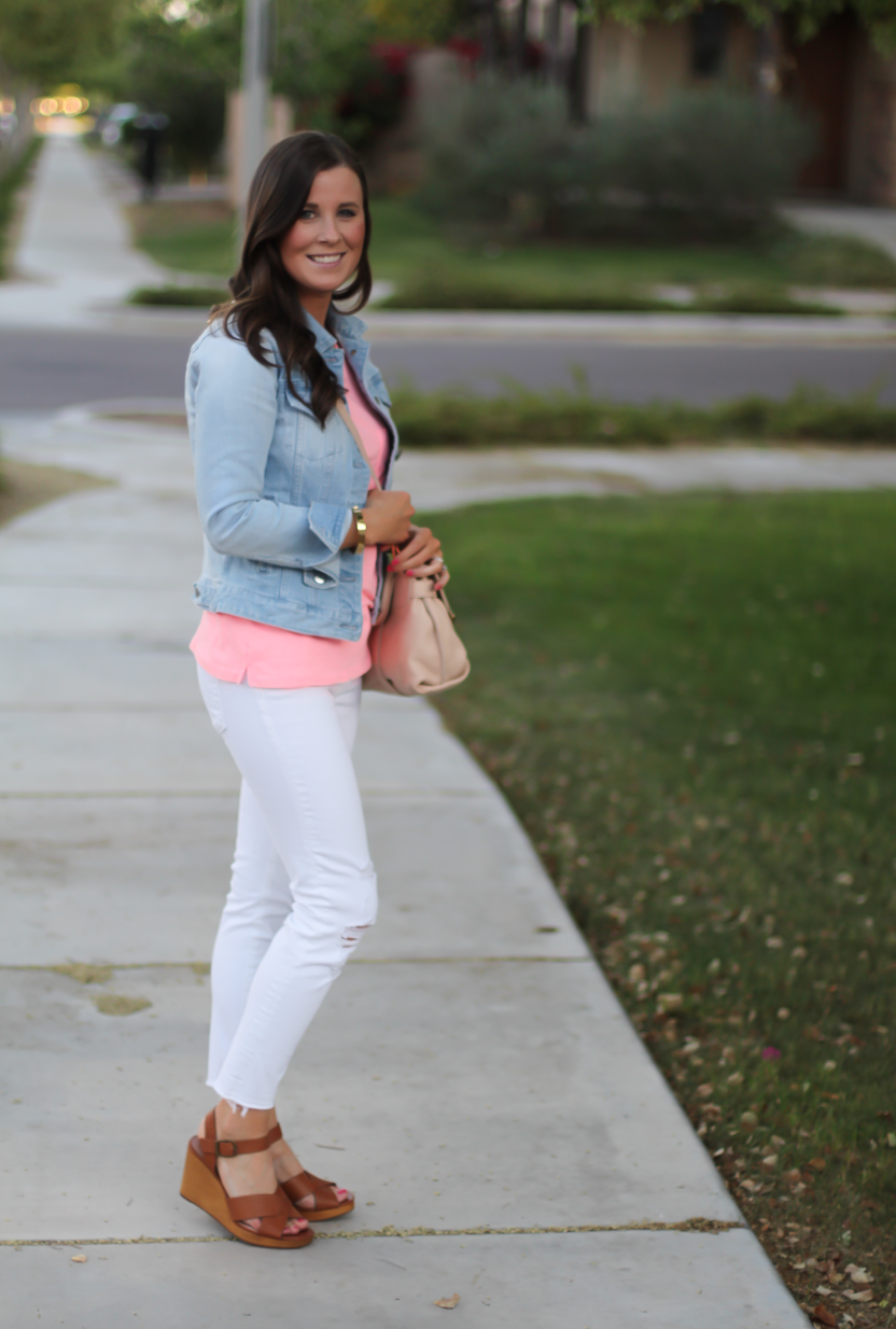 Light Rinse Denim Jacket, Pink Tank, White Distressed Crop Skinny Jeans, Cognac WEdges, Beige Crossbody Bag, J.Crew, J Brand, Madewell, See By Chloe 9