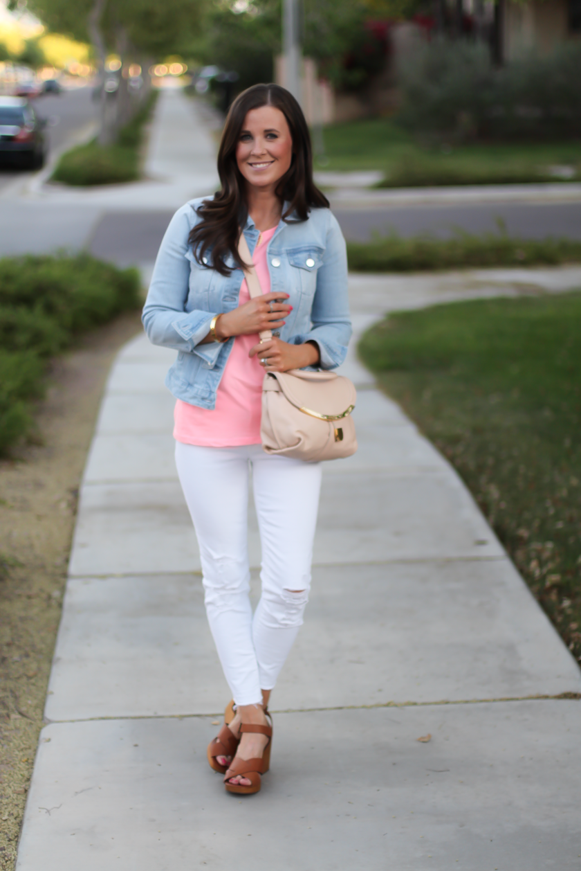 Light Rinse Denim Jacket, Pink Tank, White Distressed Crop Skinny Jeans, Cognac WEdges, Beige Crossbody Bag, J.Crew, J Brand, Madewell, See By Chloe