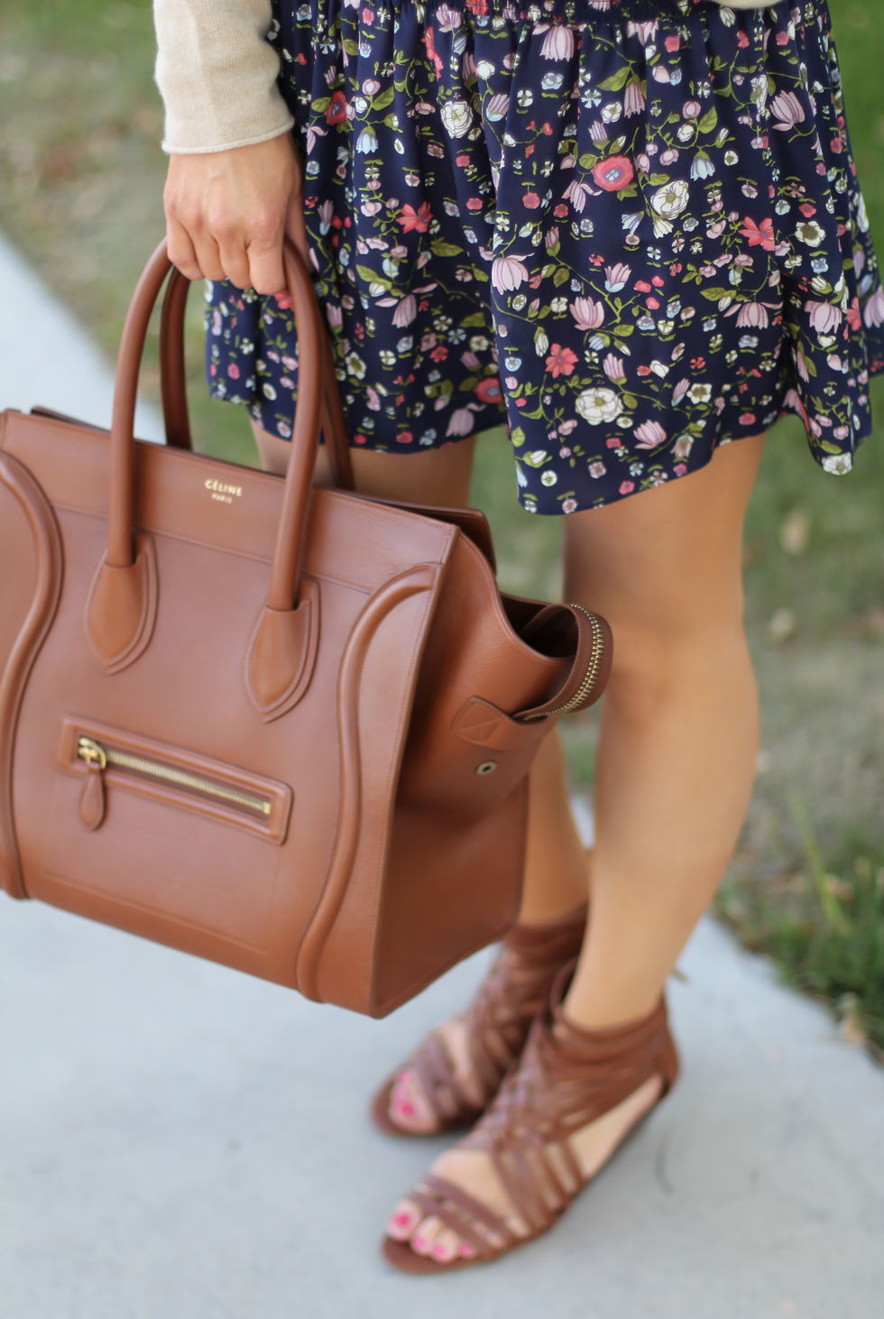 Navy Floral Shorts, Tan Cashmere Sweater, Brown Gladiator Sandals, Brown Leather Tote, Rebecca Taylor, J.Crew, Candies, Celine 13