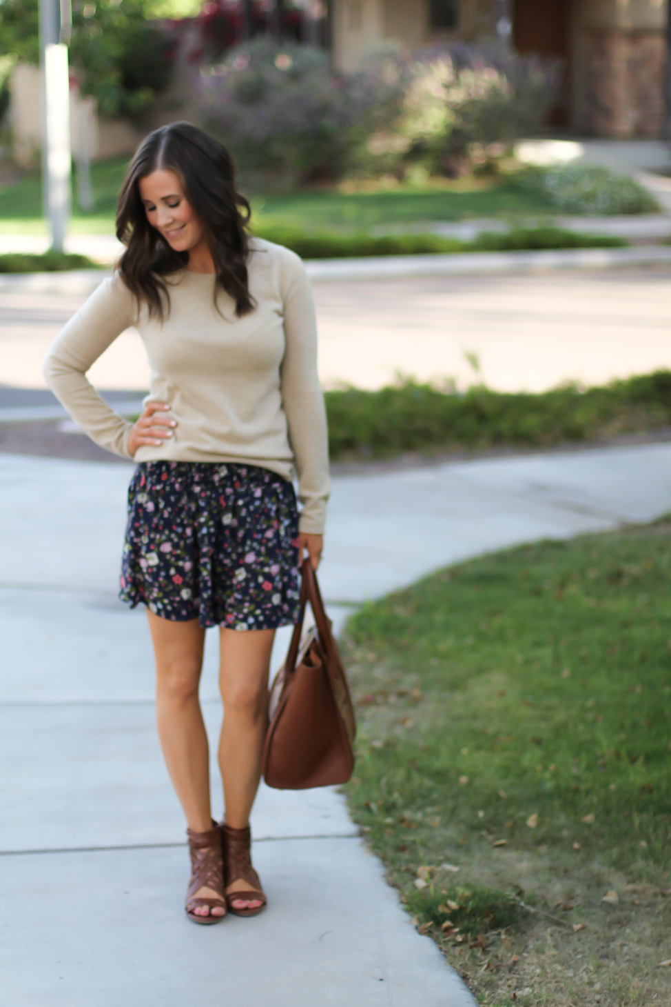 Navy Floral Shorts, Tan Cashmere Sweater, Brown Gladiator Sandals, Brown Leather Tote, Rebecca Taylor, J.Crew, Candies, Celine 3