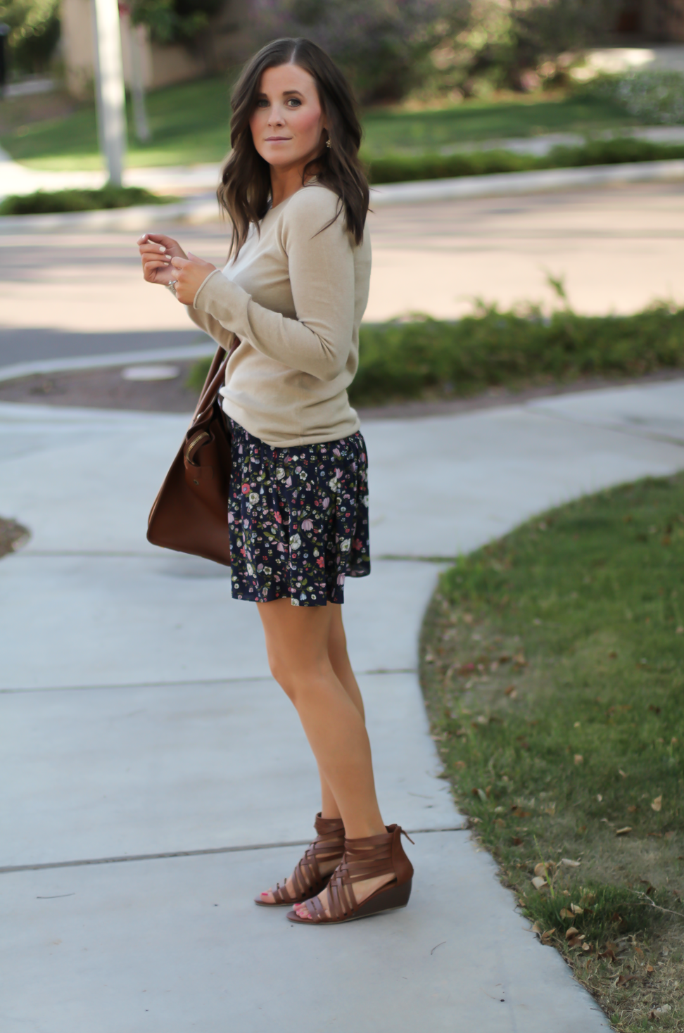 Navy Floral Shorts, Tan Cashmere Sweater, Brown Gladiator Sandals, Brown Leather Tote, Rebecca Taylor, J.Crew, Candies, Celine 6