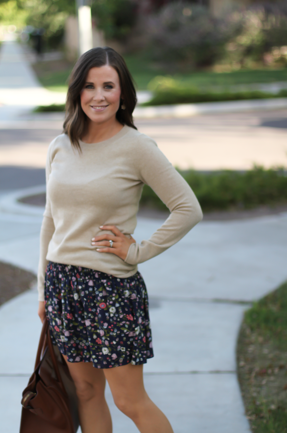 Navy Floral Shorts, Tan Cashmere Sweater, Brown Gladiator Sandals, Brown Leather Tote, Rebecca Taylor, J.Crew, Candies, Celine 7