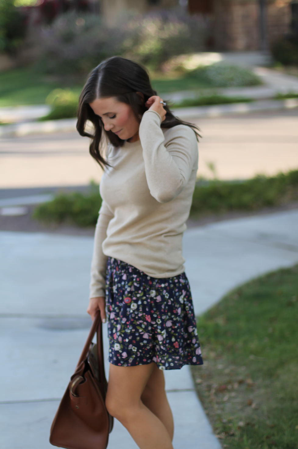 Navy Floral Shorts, Tan Cashmere Sweater, Brown Gladiator Sandals, Brown Leather Tote, Rebecca Taylor, J.Crew, Candies, Celine 8