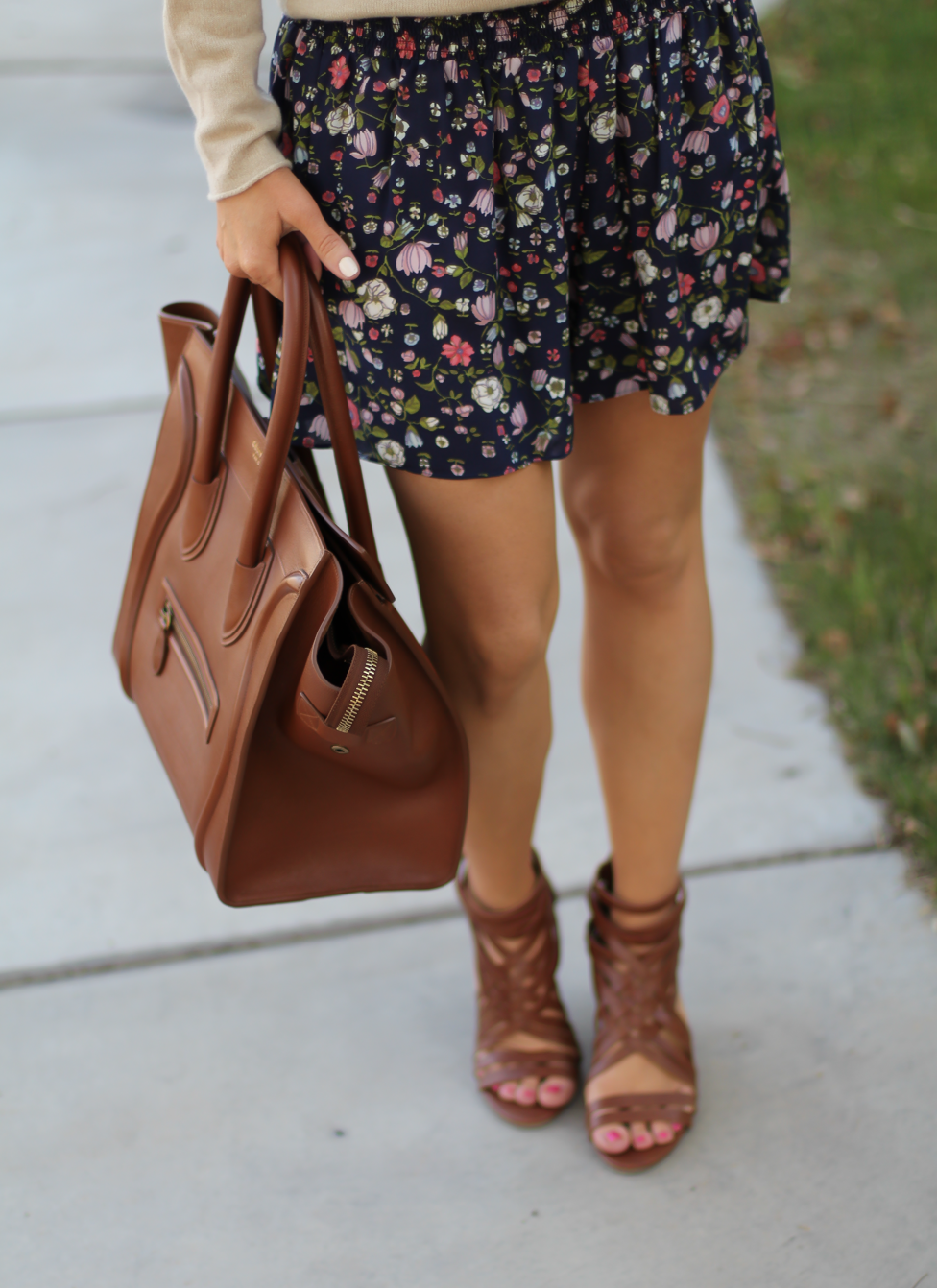 Navy Floral Shorts, Tan Cashmere Sweater, Brown Gladiator Sandals, Brown Leather Tote, Rebecca Taylor, J.Crew, Candies, Celine 9