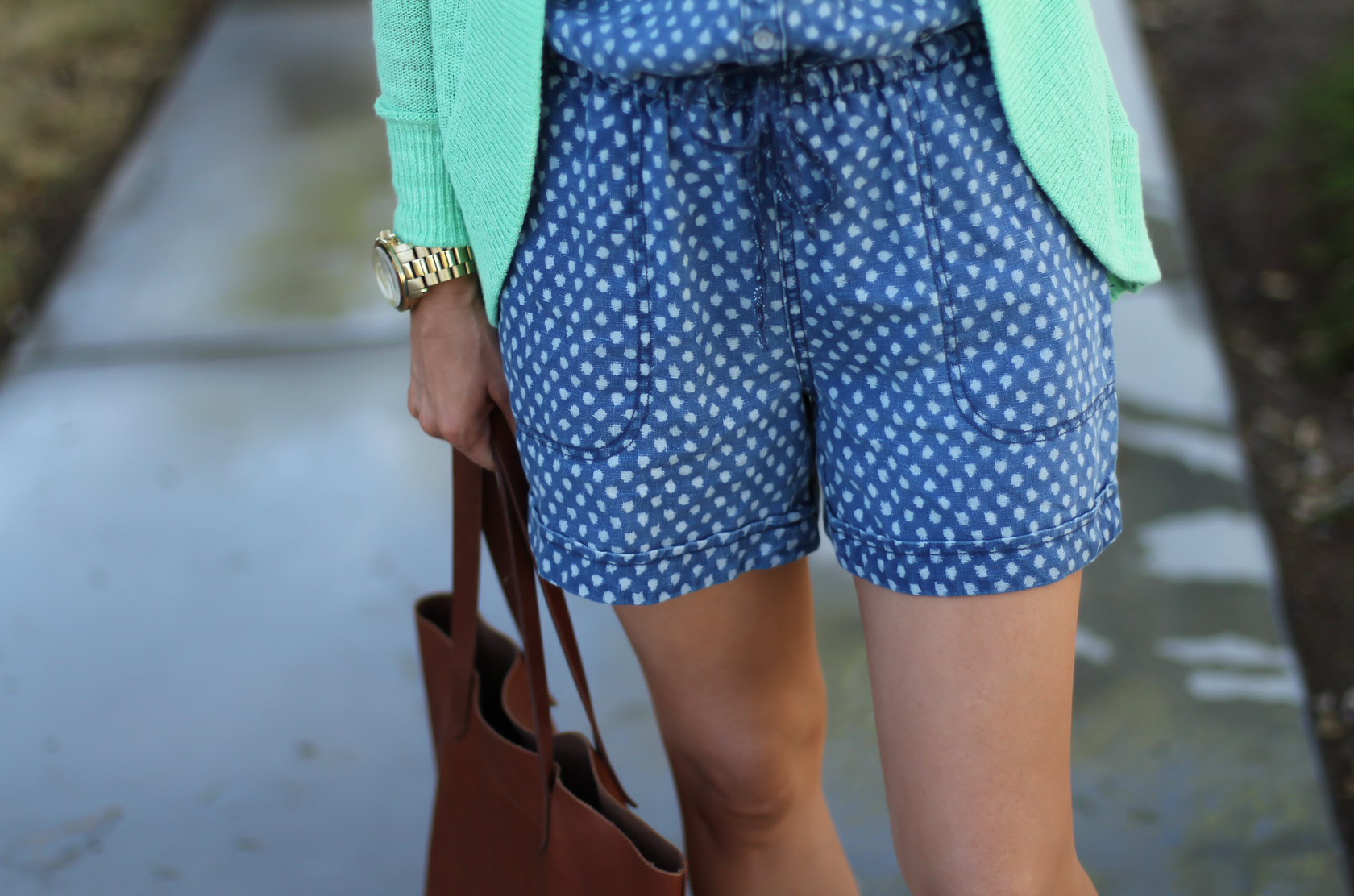 Polka Dot Chambray Romper, Green Summer Cardigan, Cognac Wedges, Cognac Tote, Anthropologie, Lilly Pulitzer, Madewell 7