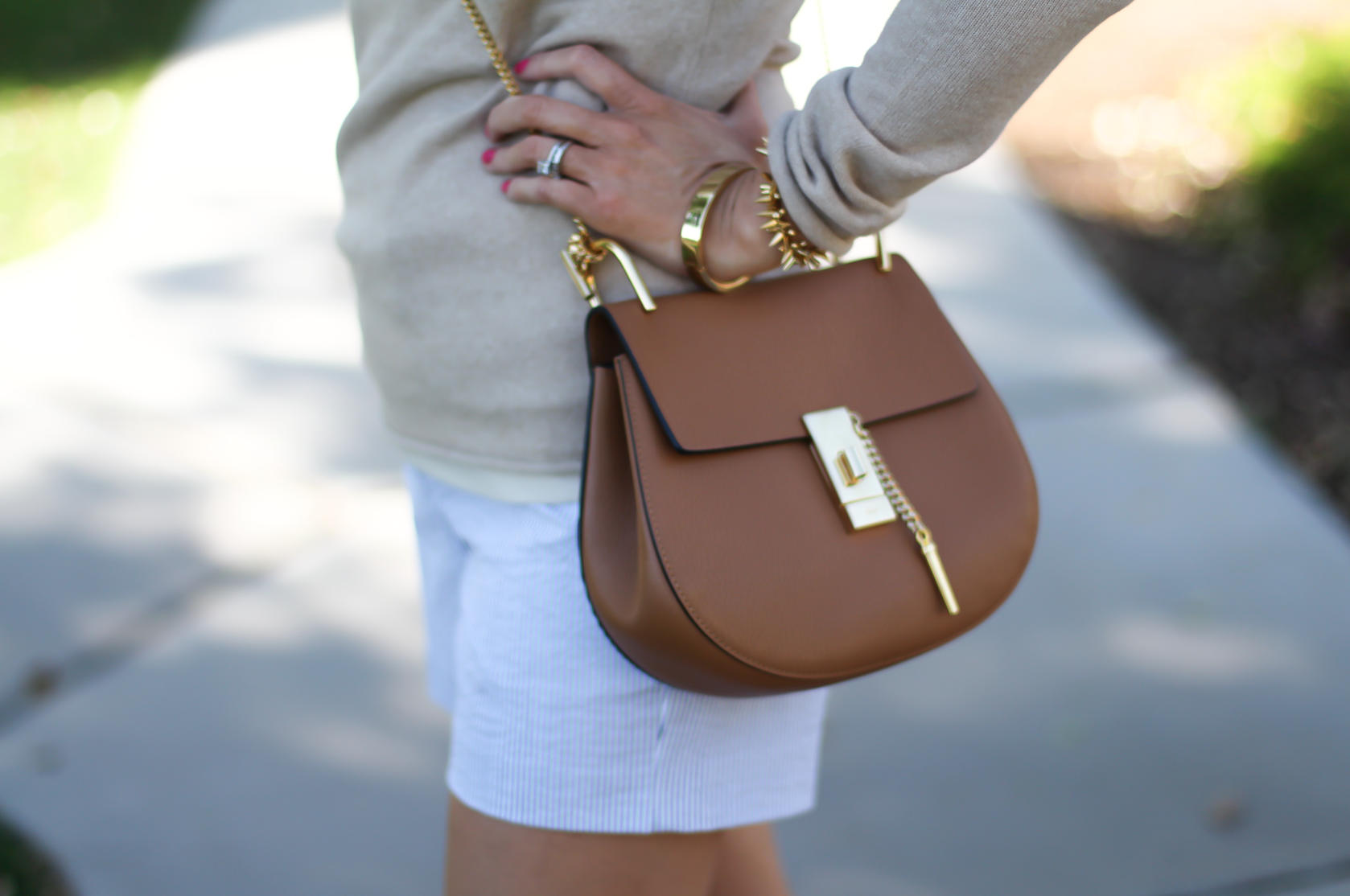 Seersucker Shorts, Tan Cashmere Sweater, Tan Leather Ankle Strap Heels, Tan Leather Chain Strap Bag, Ann Taylor, J.Crew, Steve Madden, Chloe  11