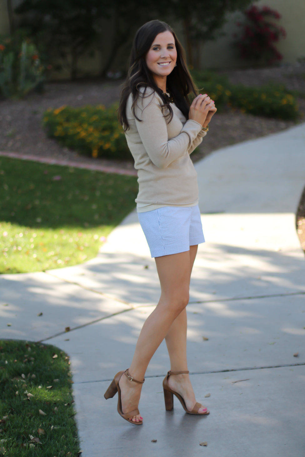 Seersucker Shorts, Tan Cashmere Sweater, Tan Leather Ankle Strap Heels, Tan Leather Chain Strap Bag, Ann Taylor, J.Crew, Steve Madden, Chloe  7