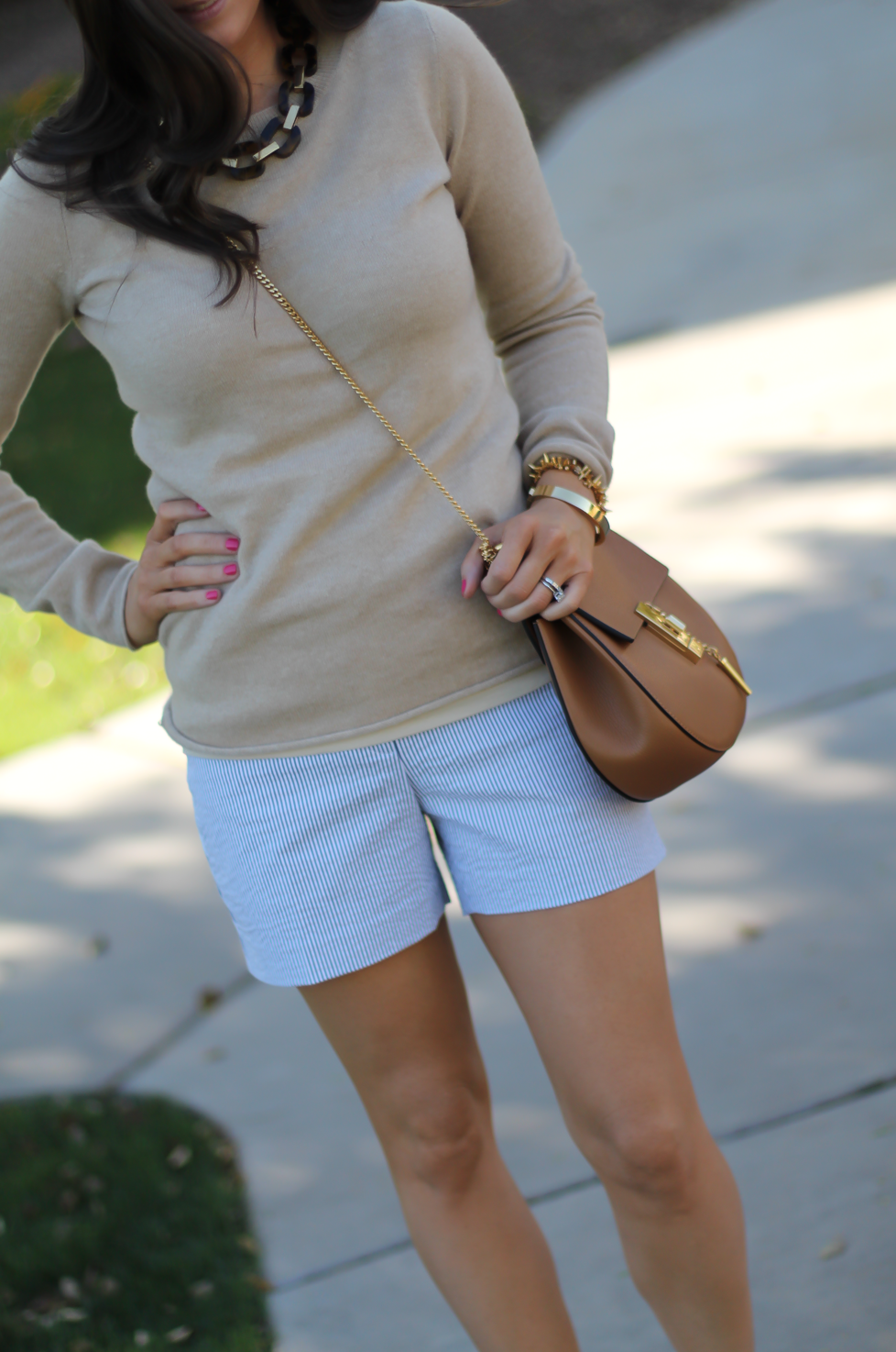 Seersucker Shorts, Tan Cashmere Sweater, Tan Leather Ankle Strap Heels, Tan Leather Chain Strap Bag, Ann Taylor, J.Crew, Steve Madden, Chloe  8