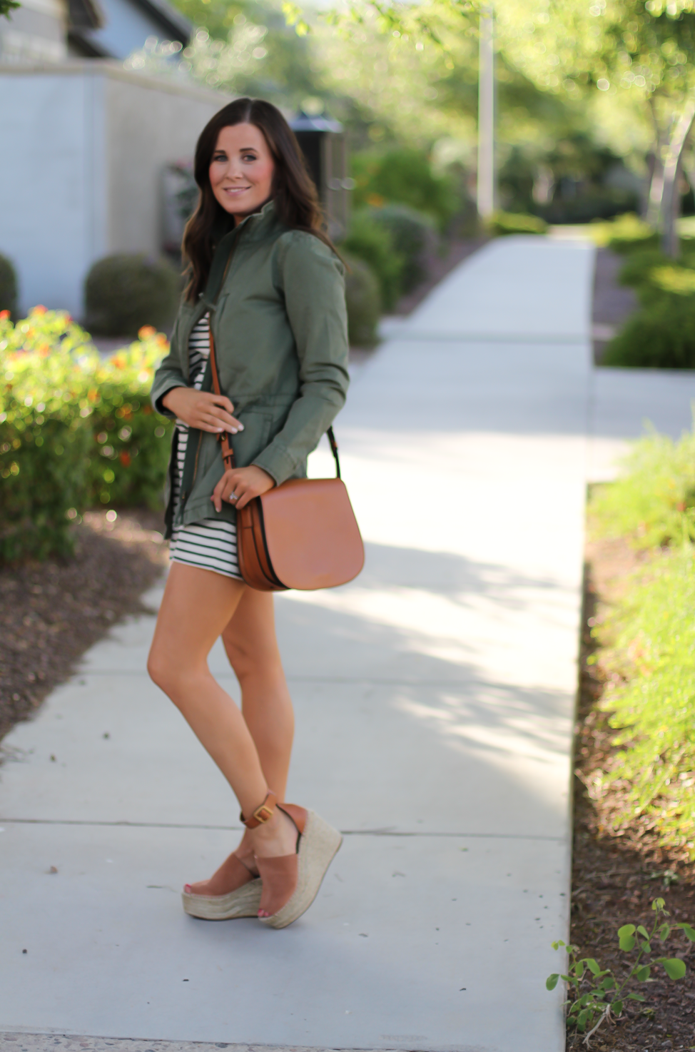 Striped Romper, Green Utility Jacket, Suede Espadrille Wedges, Cognac Saddle Wedges, Madewell, Chloe, Tory Burch 10