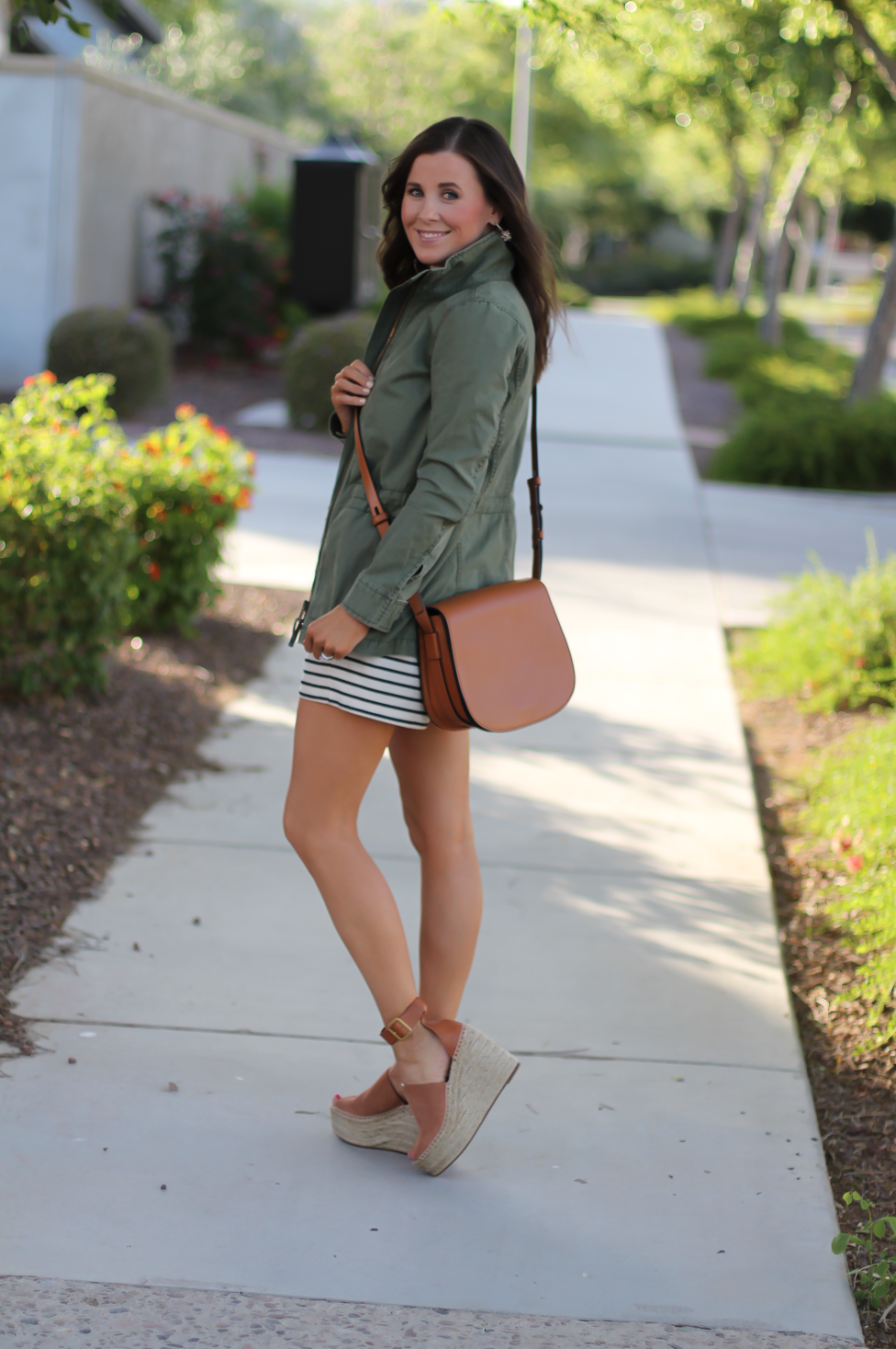 Striped Romper, Green Utility Jacket, Suede Espadrille Wedges, Cognac Saddle Wedges, Madewell, Chloe, Tory Burch 13