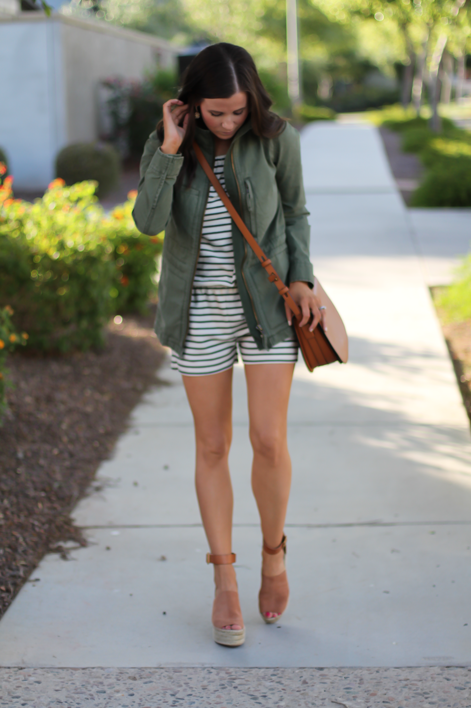 Striped Romper, Green Utility Jacket, Suede Espadrille Wedges, Cognac Saddle Wedges, Madewell, Chloe, Tory Burch 16