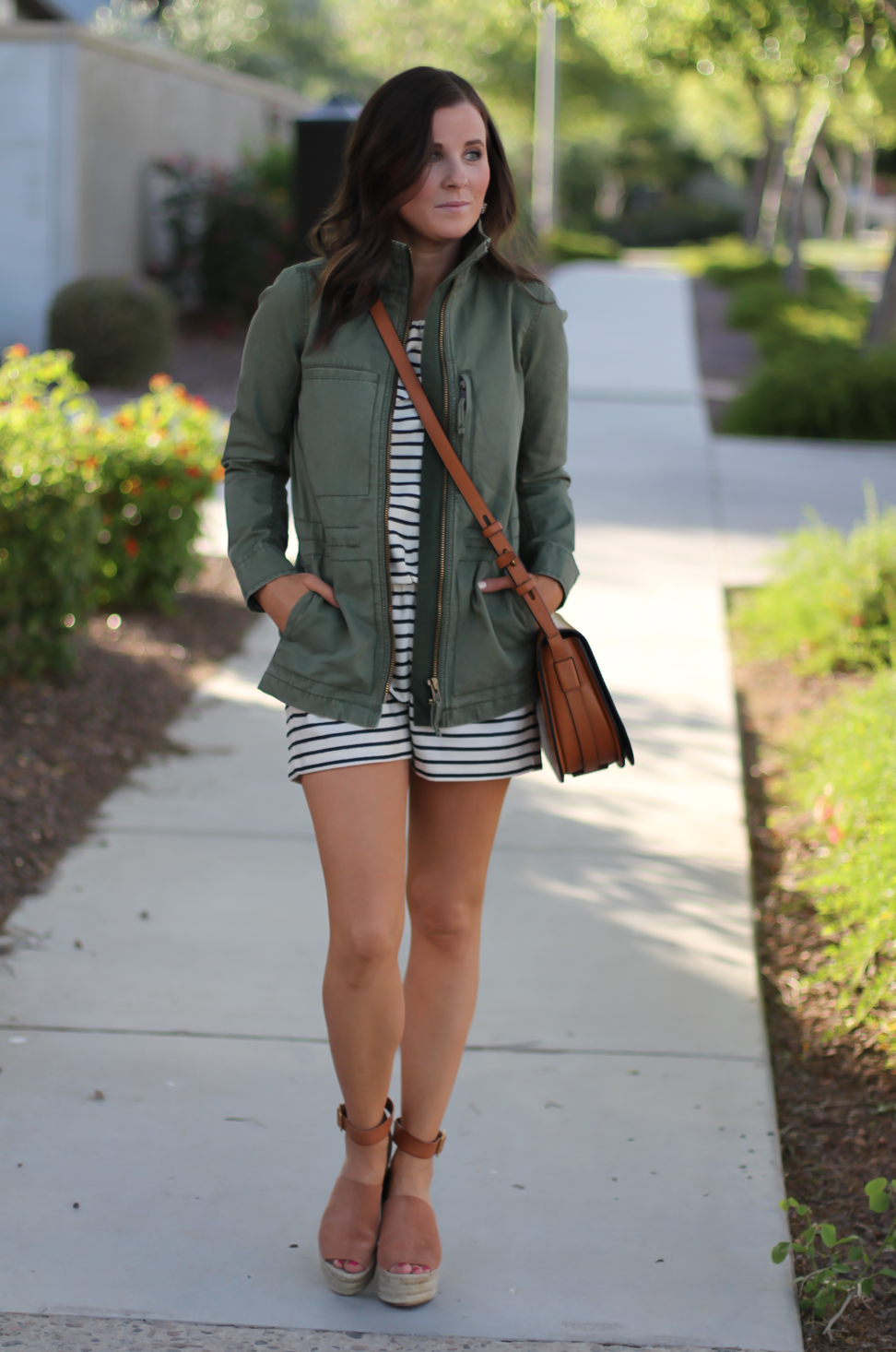 Striped Romper, Green Utility Jacket, Suede Espadrille Wedges, Cognac Saddle Wedges, Madewell, Chloe, Tory Burch 2