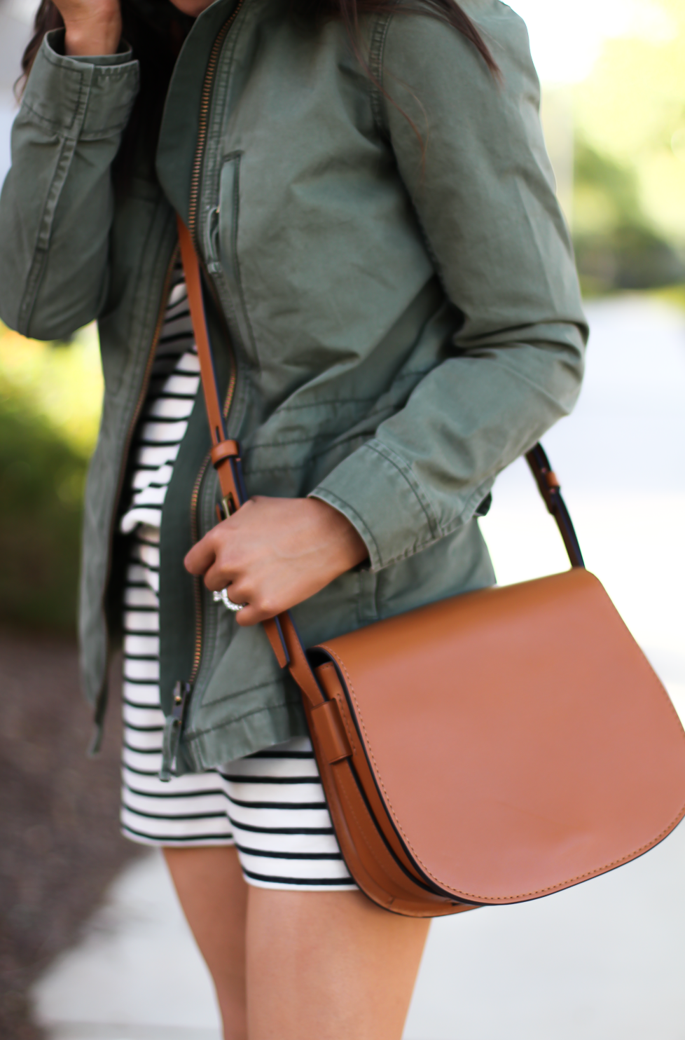 Striped Romper, Green Utility Jacket, Suede Espadrille Wedges, Cognac Saddle Wedges, Madewell, Chloe, Tory Burch 21