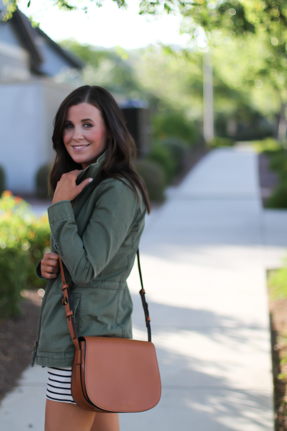 Striped Romper, Green Utility Jacket, Suede Espadrille Wedges, Cognac Saddle Wedges, Madewell, Chloe, Tory Burch 3