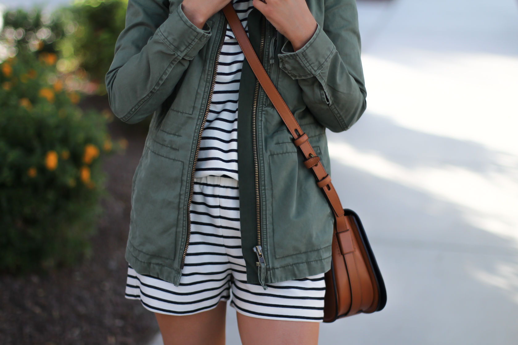 Striped Romper, Green Utility Jacket, Suede Espadrille Wedges, Cognac Saddle Wedges, Madewell, Chloe, Tory Burch 8