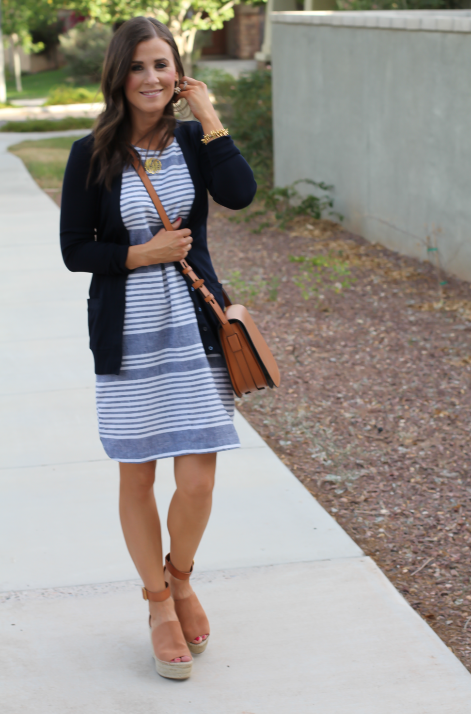 Blue Chambray White Striped Dress, Navy Cotton Cardigan, Tan Suede Espadrilles, Tan Leather Crossbody, Old Navy, J.Crew, Chloe, Tory Burch 5