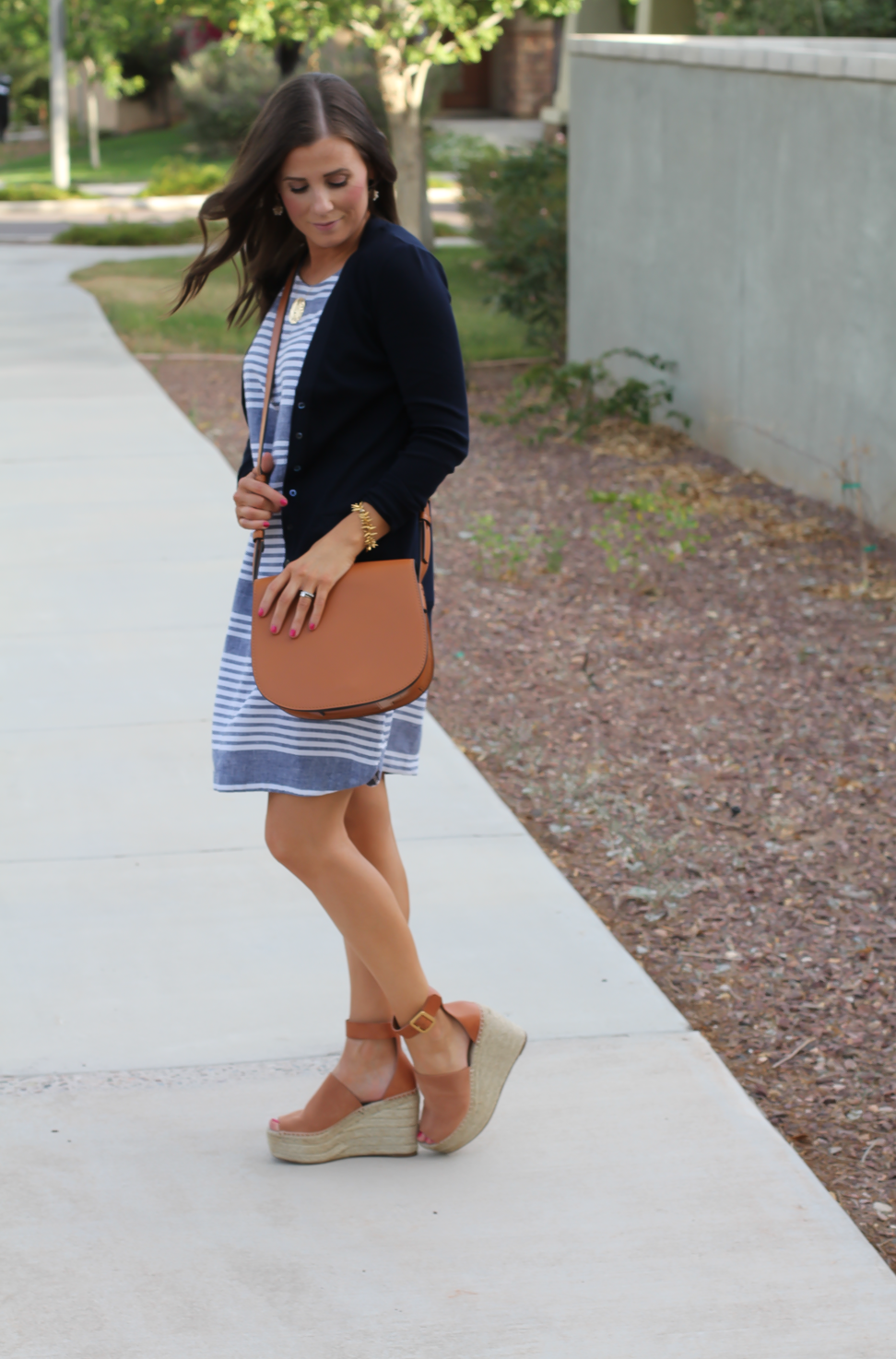 Blue Chambray White Striped Dress, Navy Cotton Cardigan, Tan Suede Espadrilles, Tan Leather Crossbody, Old Navy, J.Crew, Chloe, Tory Burch
