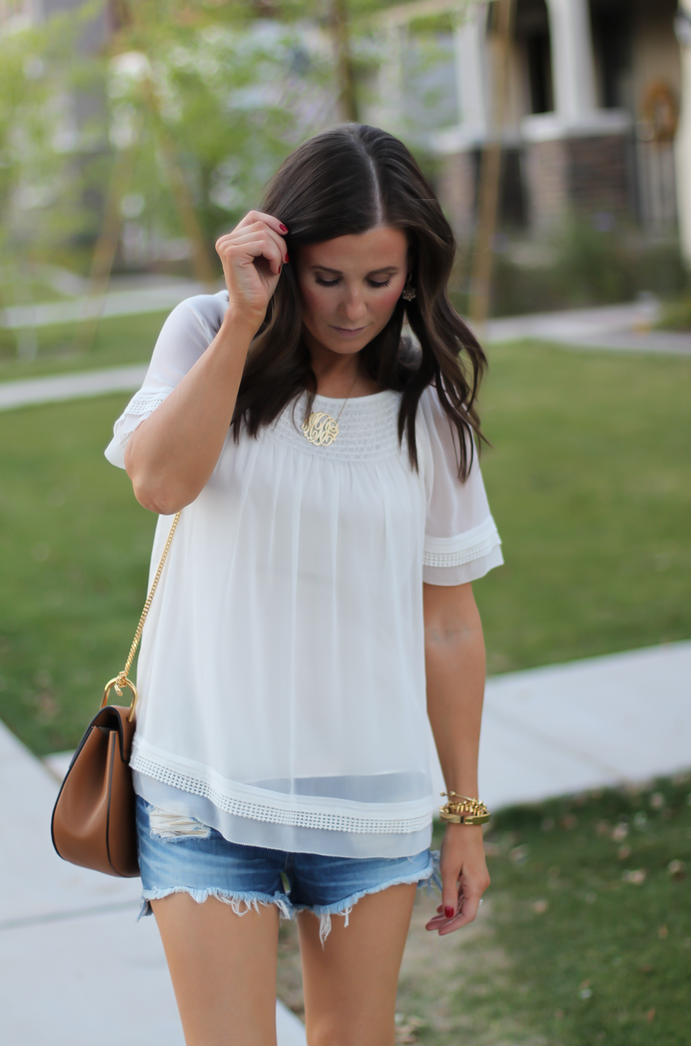 Denim Cutoff Shorts, Short Sleeve Ivory Blouse, Gladiator Wedge Sandals, Leather Chain Strap Crossbody Bag, Rag & Bone, Banana Republic, Stuart Weitzman, Chloe 12