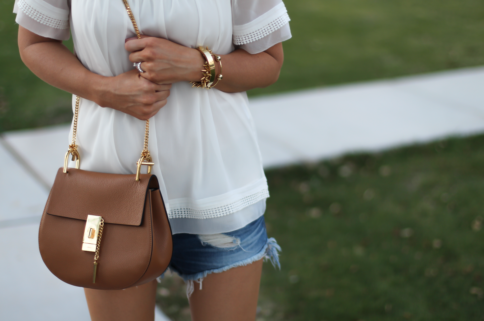 Denim Cutoff Shorts, Short Sleeve Ivory Blouse, Gladiator Wedge Sandals, Leather Chain Strap Crossbody Bag, Rag & Bone, Banana Republic, Stuart Weitzman, Chloe 14