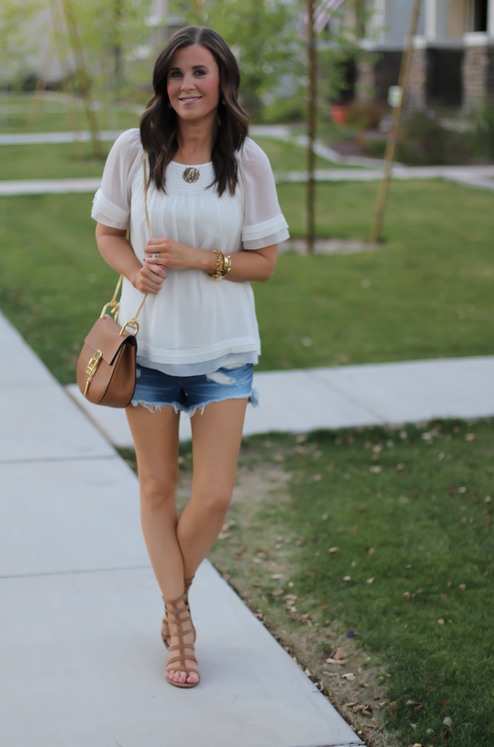 Denim Cutoff Shorts, Short Sleeve Ivory Blouse, Gladiator Wedge Sandals, Leather Chain Strap Crossbody Bag, Rag & Bone, Banana Republic, Stuart Weitzman, Chloe 2