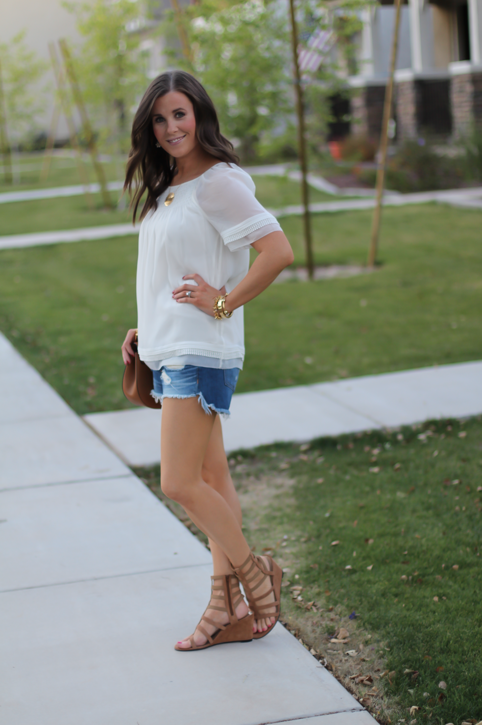 Denim Cutoff Shorts, Short Sleeve Ivory Blouse, Gladiator Wedge Sandals, Leather Chain Strap Crossbody Bag, Rag & Bone, Banana Republic, Stuart Weitzman, Chloe 5