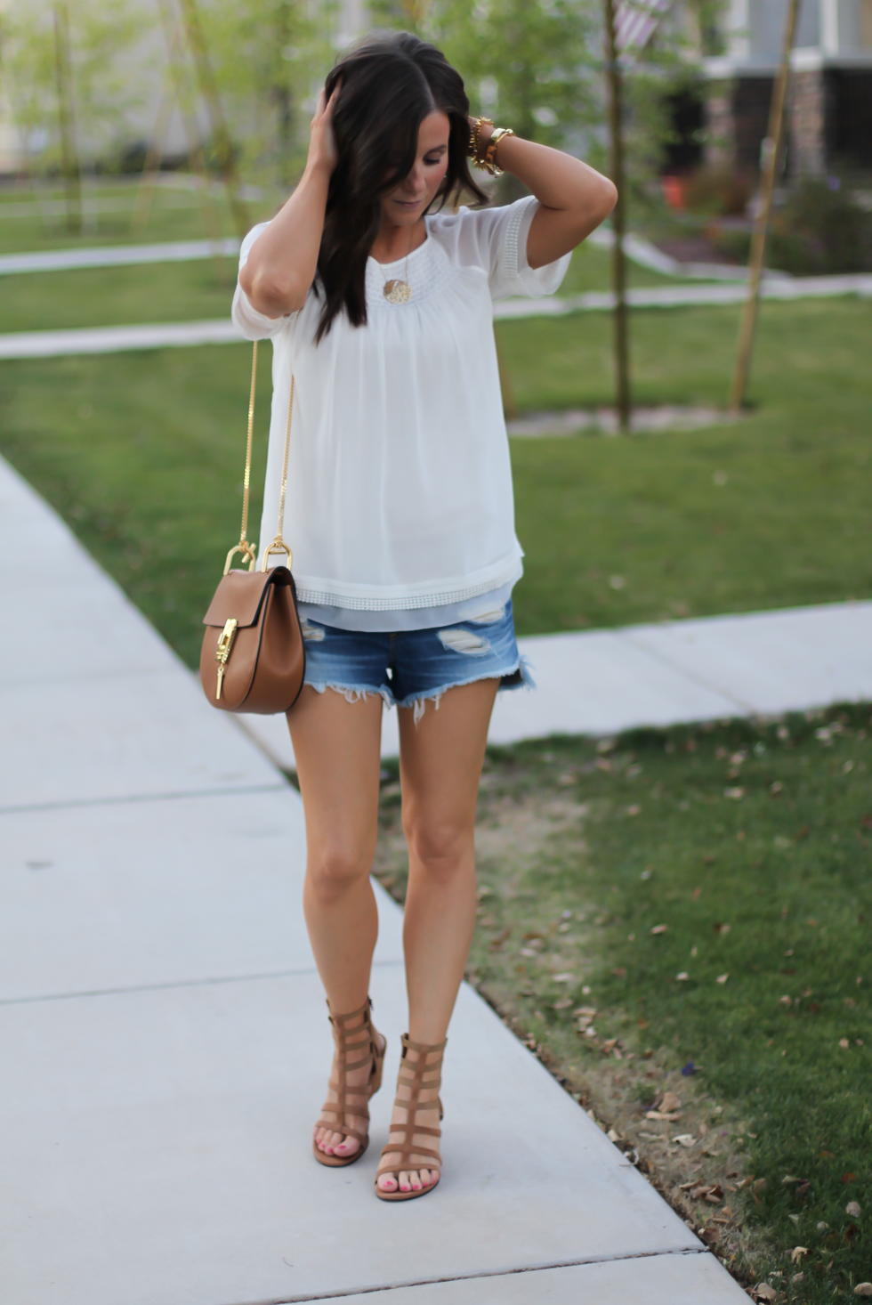 Denim Cutoff Shorts, Short Sleeve Ivory Blouse, Gladiator Wedge Sandals, Leather Chain Strap Crossbody Bag, Rag & Bone, Banana Republic, Stuart Weitzman, Chloe 6