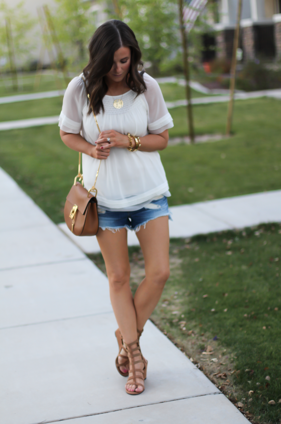 Denim Cutoff Shorts, Short Sleeve Ivory Blouse, Gladiator Wedge Sandals, Leather Chain Strap Crossbody Bag, Rag & Bone, Banana Republic, Stuart Weitzman, Chloe 8