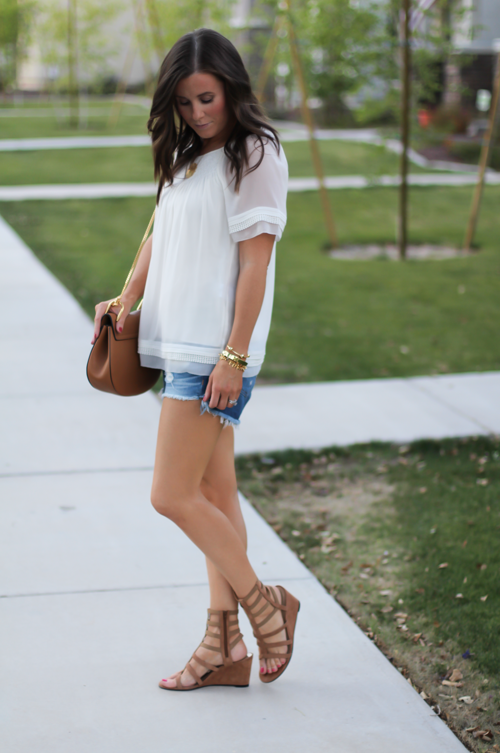 Denim Cutoff Shorts, Short Sleeve Ivory Blouse, Gladiator Wedge Sandals, Leather Chain Strap Crossbody Bag, Rag & Bone, Banana Republic, Stuart Weitzman, Chloe 9