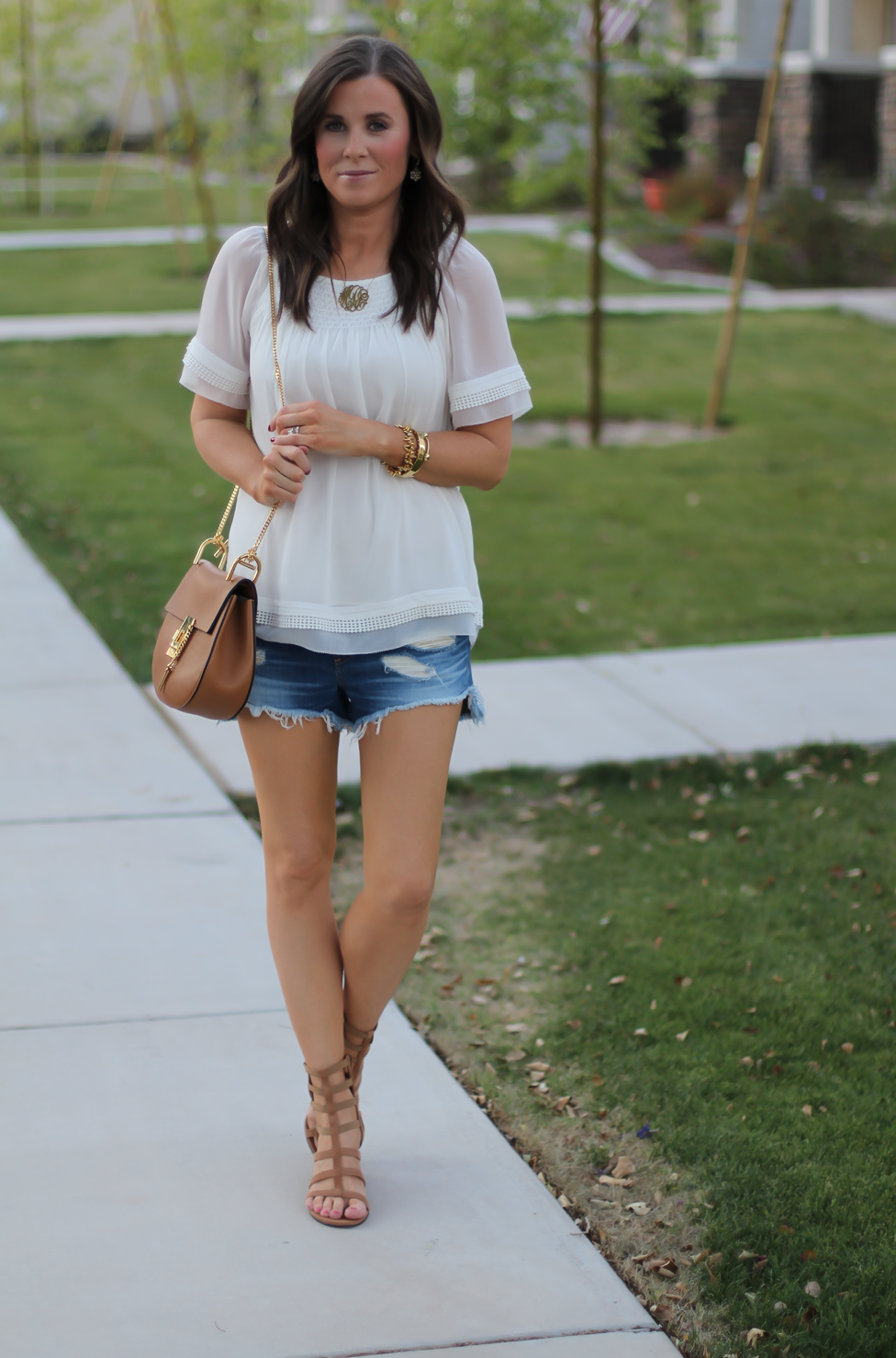 Denim Cutoff Shorts, Short Sleeve Ivory Blouse, Gladiator Wedge Sandals, Leather Chain Strap Crossbody Bag, Rag & Bone, Banana Republic, Stuart Weitzman, Chloe