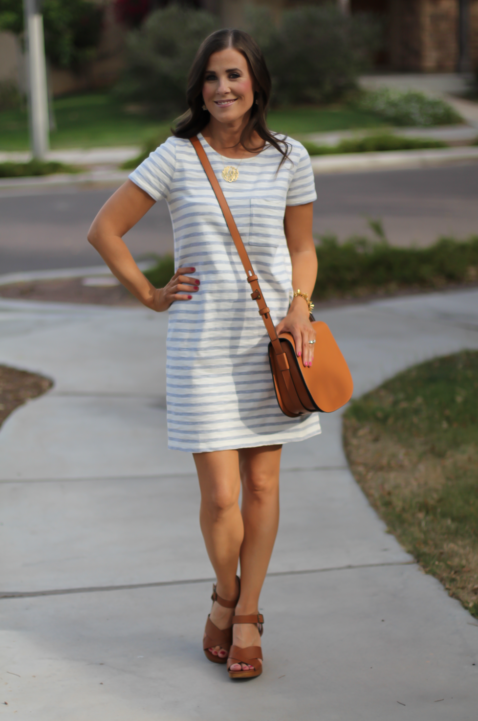 Grey Striped Button Back Short Sleeve Dress, Cognac Leather Wedge Sandals, Cognac Saddlebag, Madewell, Tory Burch 11