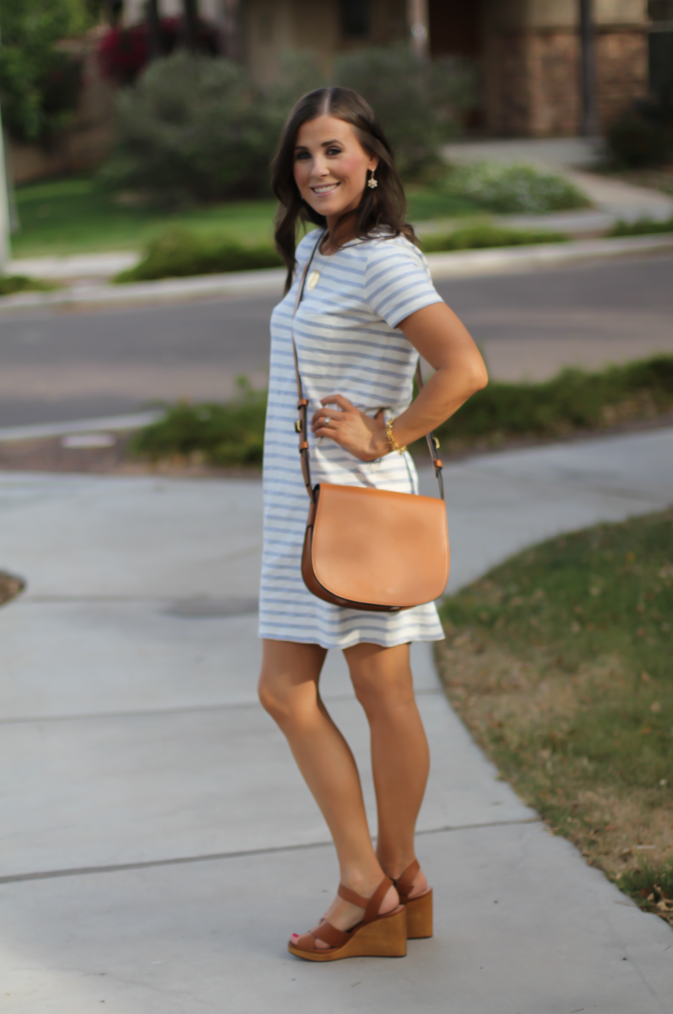 Grey Striped Button Back Short Sleeve Dress, Cognac Leather Wedge Sandals, Cognac Saddlebag, Madewell, Tory Burch 13