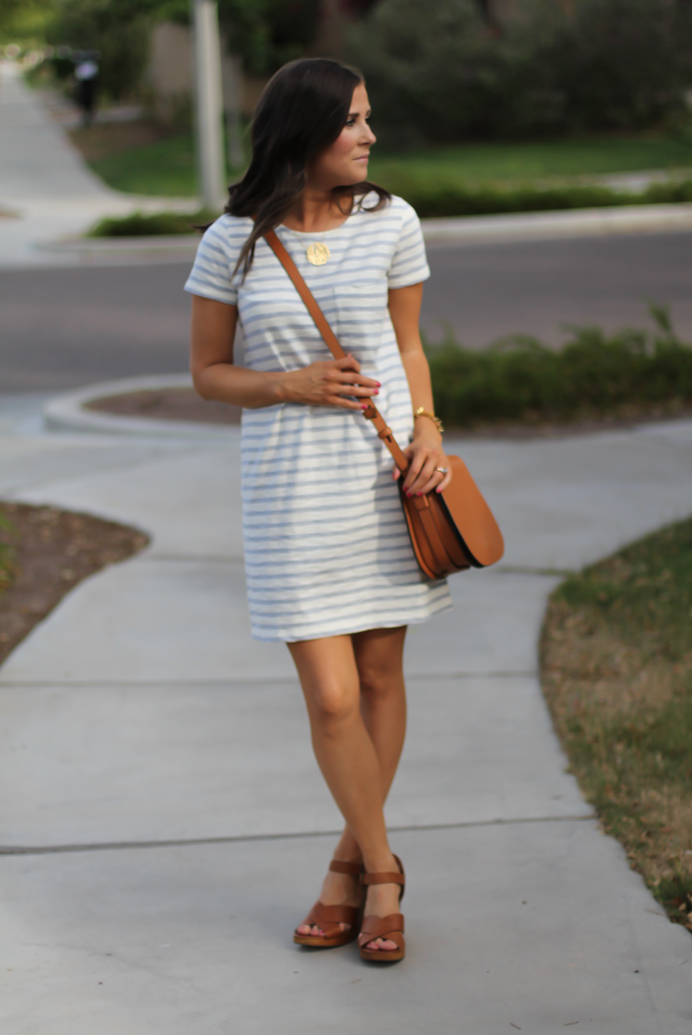 Grey Striped Button Back Short Sleeve Dress, Cognac Leather Wedge Sandals, Cognac Saddlebag, Madewell, Tory Burch 6