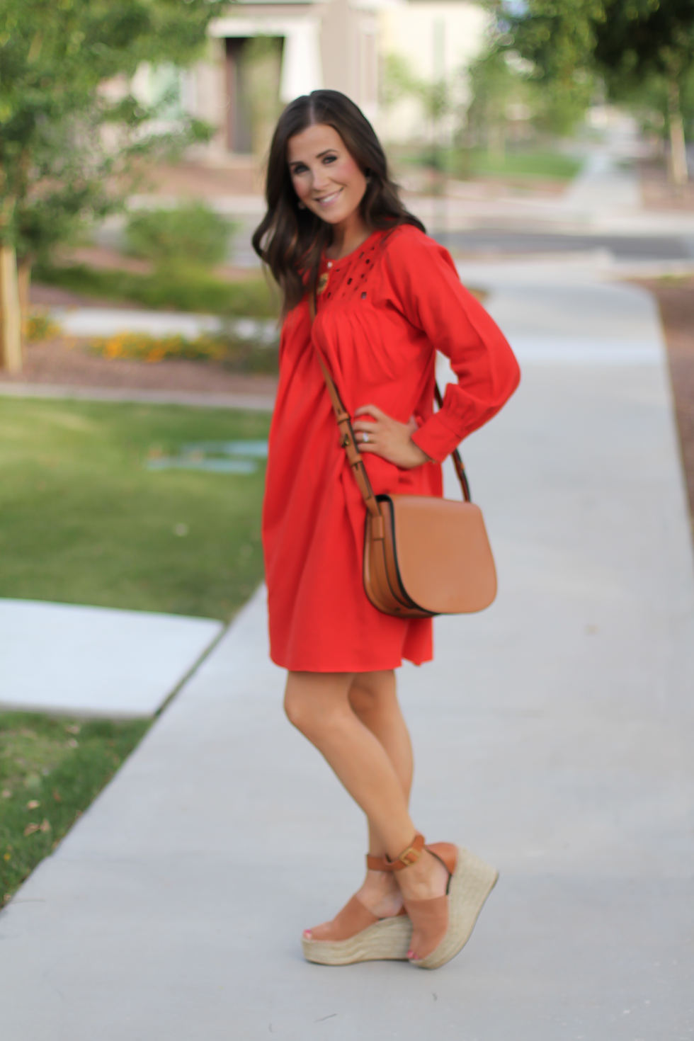 Red Eyelet Dress, Tan Suede Espadrilles, Tan Leather Crossbody Bag, Madewell, Chloe, Tory Burch 2