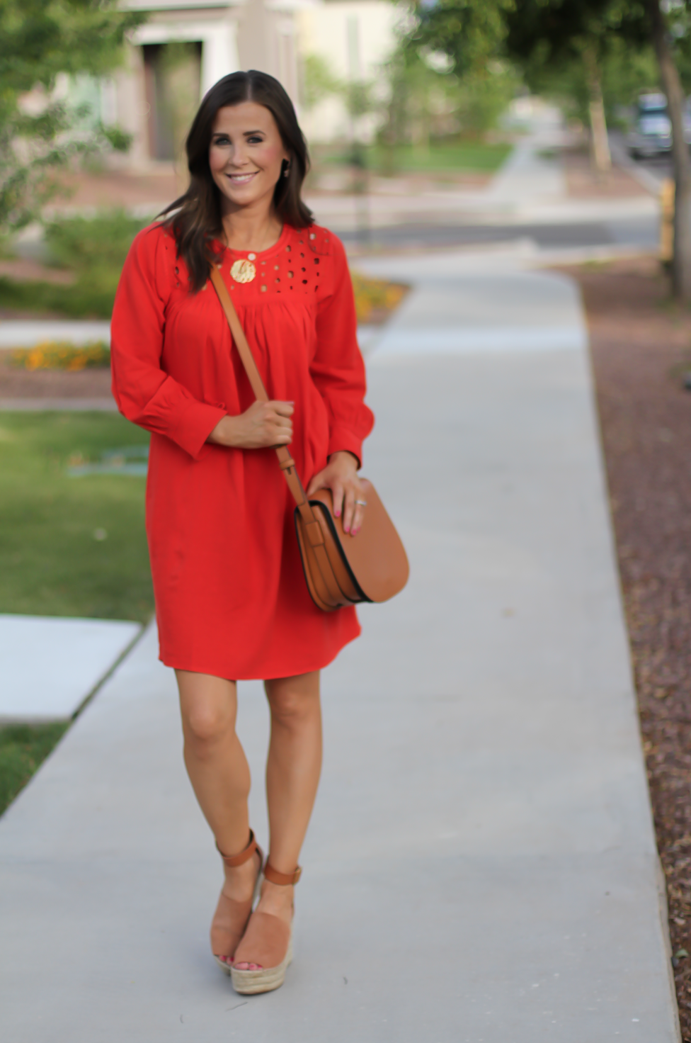 Red Eyelet Dress, Tan Suede Espadrilles, Tan Leather Crossbody Bag, Madewell, Chloe, Tory Burch 3