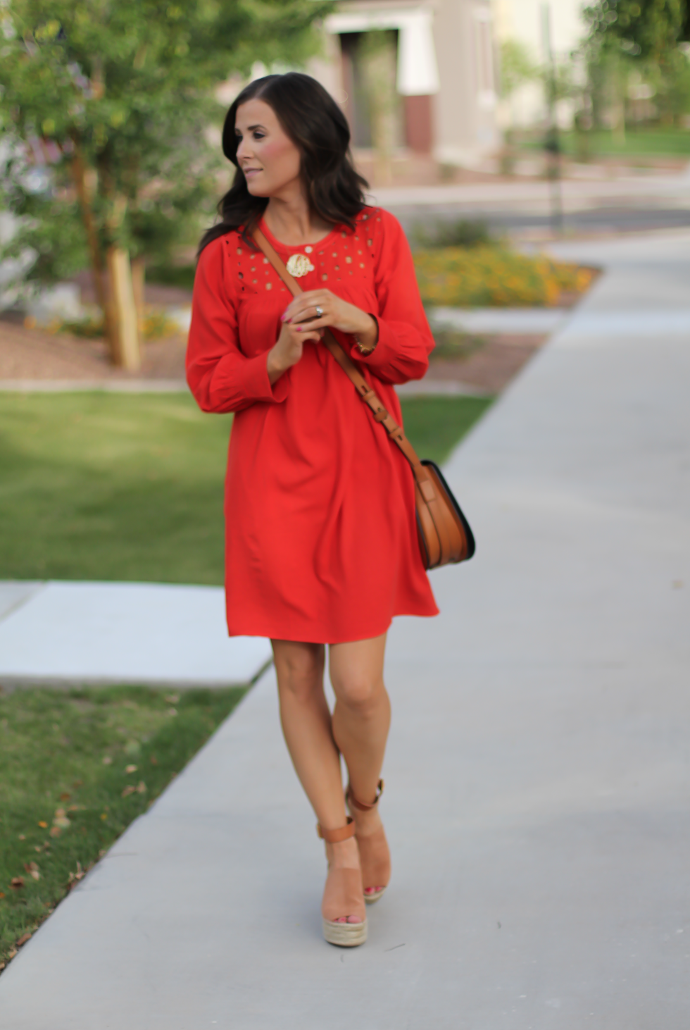 Red Eyelet Dress, Tan Suede Espadrilles, Tan Leather Crossbody Bag, Madewell, Chloe, Tory Burch 6