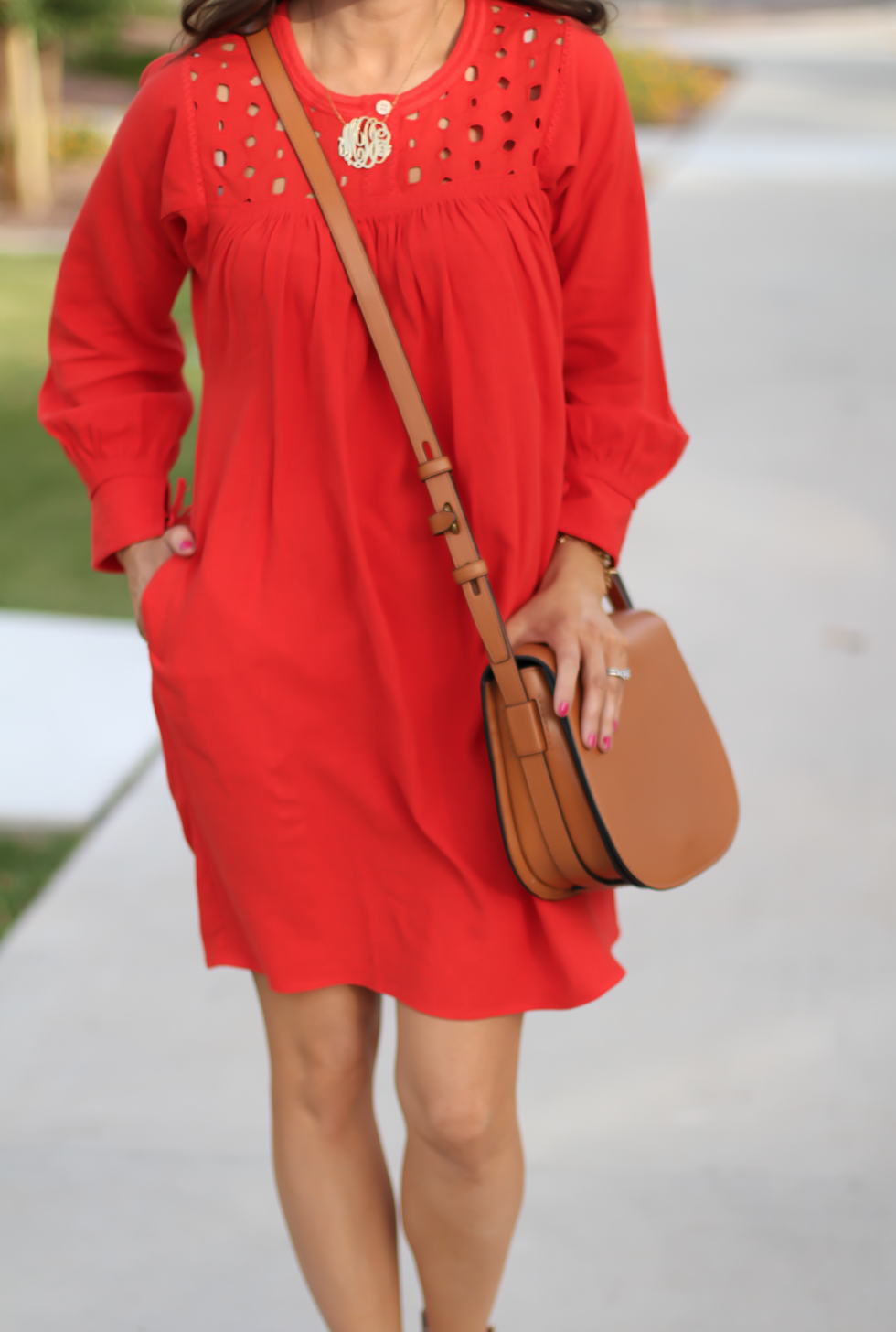 Red Eyelet Dress, Tan Suede Espadrilles, Tan Leather Crossbody Bag, Madewell, Chloe, Tory Burch 7