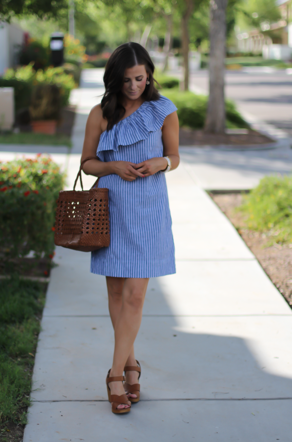 Striped One Shoulder Ruffle Dress, Cognac Leather Wedge Sandals, Leather Basket Tote, Madewell, J.Crew 12