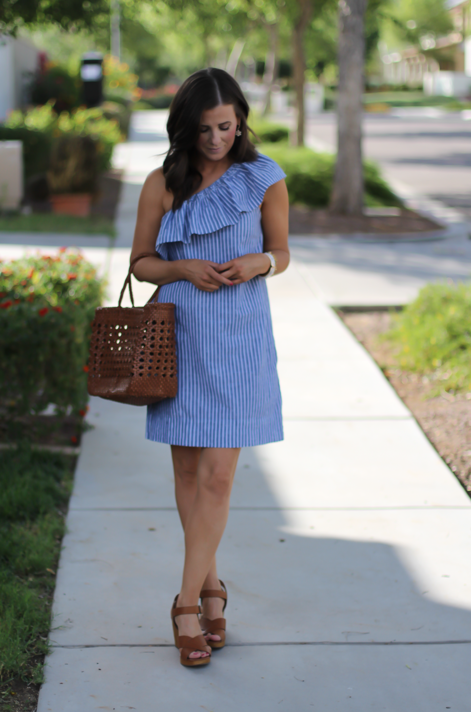 blue and white striped shirt dress with leather belt, vintage Louis Vuitton  Passy bag, Stuart Weitzman Tiegirlchorus lace up block heel sandals,  striped shirt dress outfit - Meagan's Moda