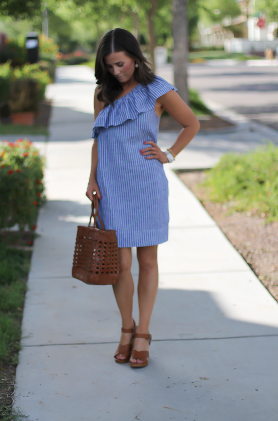 Striped One Shoulder Ruffle Dress, Cognac Leather Wedge Sandals, Leather Basket Tote, Madewell, J.Crew 13