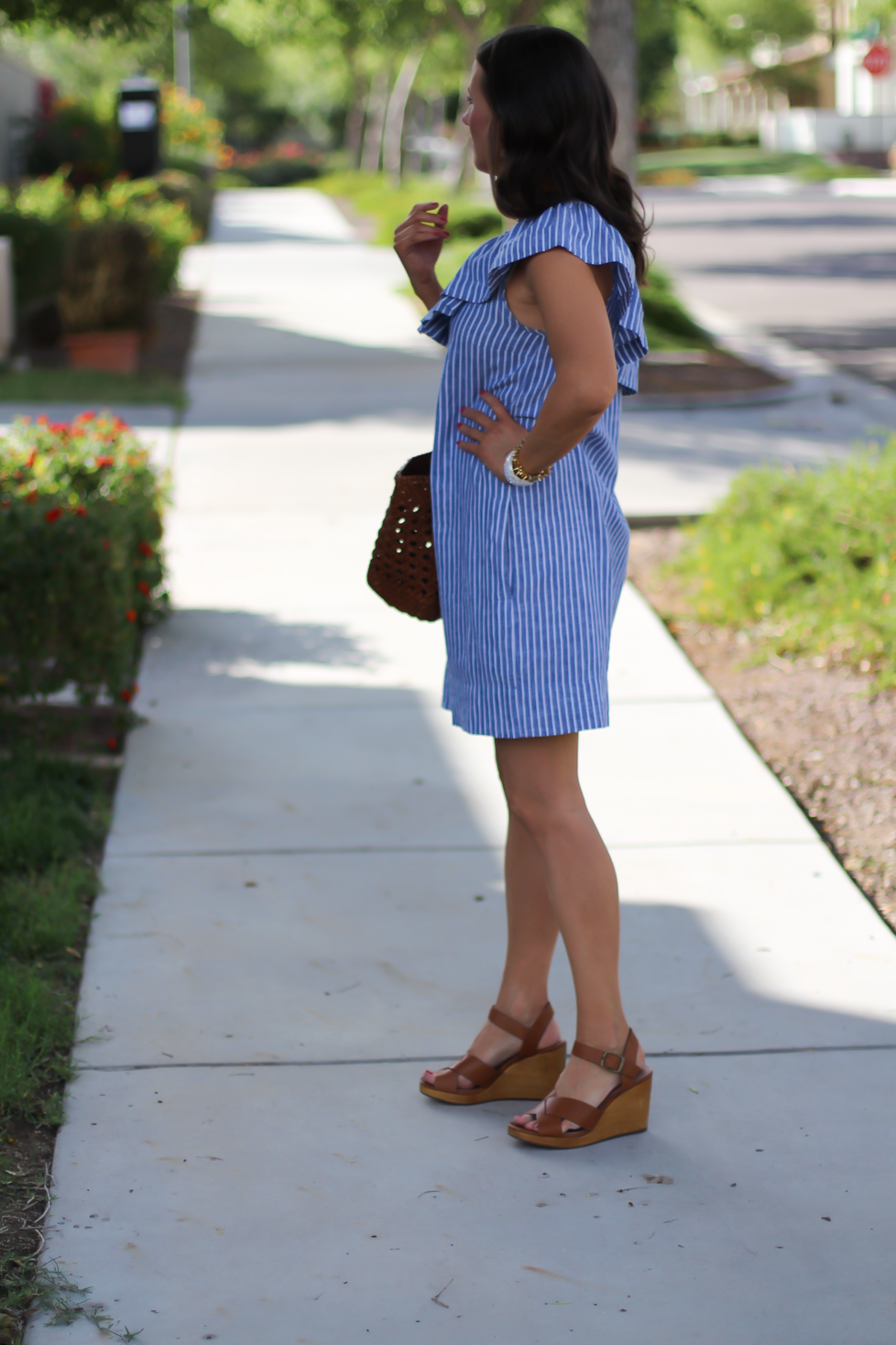 blue and white striped shirt dress with leather belt, vintage Louis Vuitton  Passy bag, Stuart Weitzman Tiegirlchorus lace up block heel sandals,  striped shirt dress outfit - Meagan's Moda