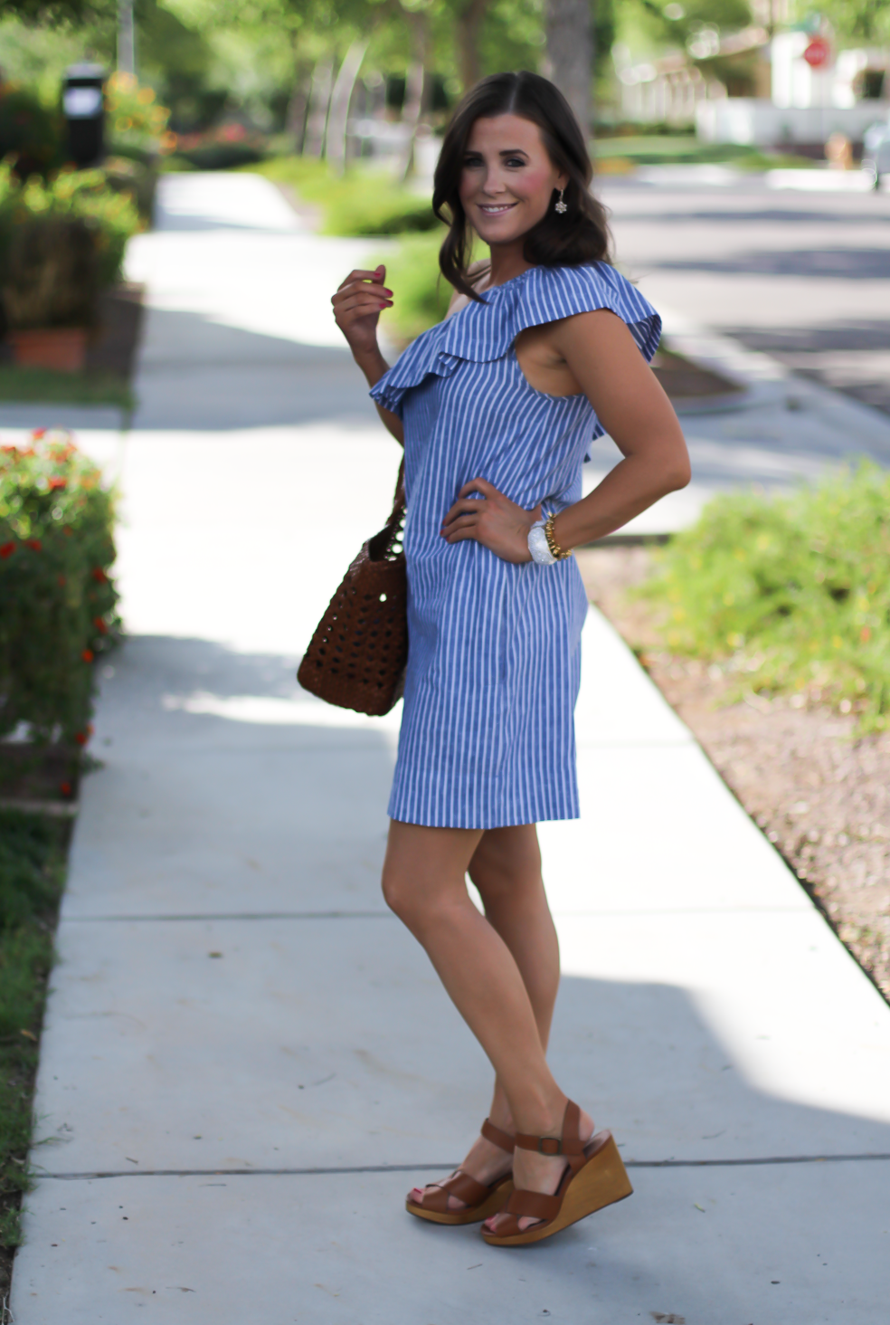 Striped One Shoulder Ruffle Dress, Cognac Leather Wedge Sandals, Leather Basket Tote, Madewell, J.Crew 2