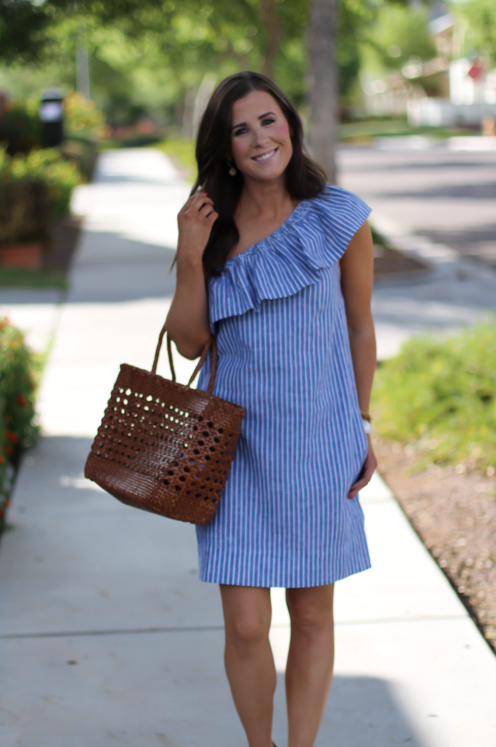 Striped One Shoulder Ruffle Dress, Cognac Leather Wedge Sandals, Leather Basket Tote, Madewell, J.Crew 4