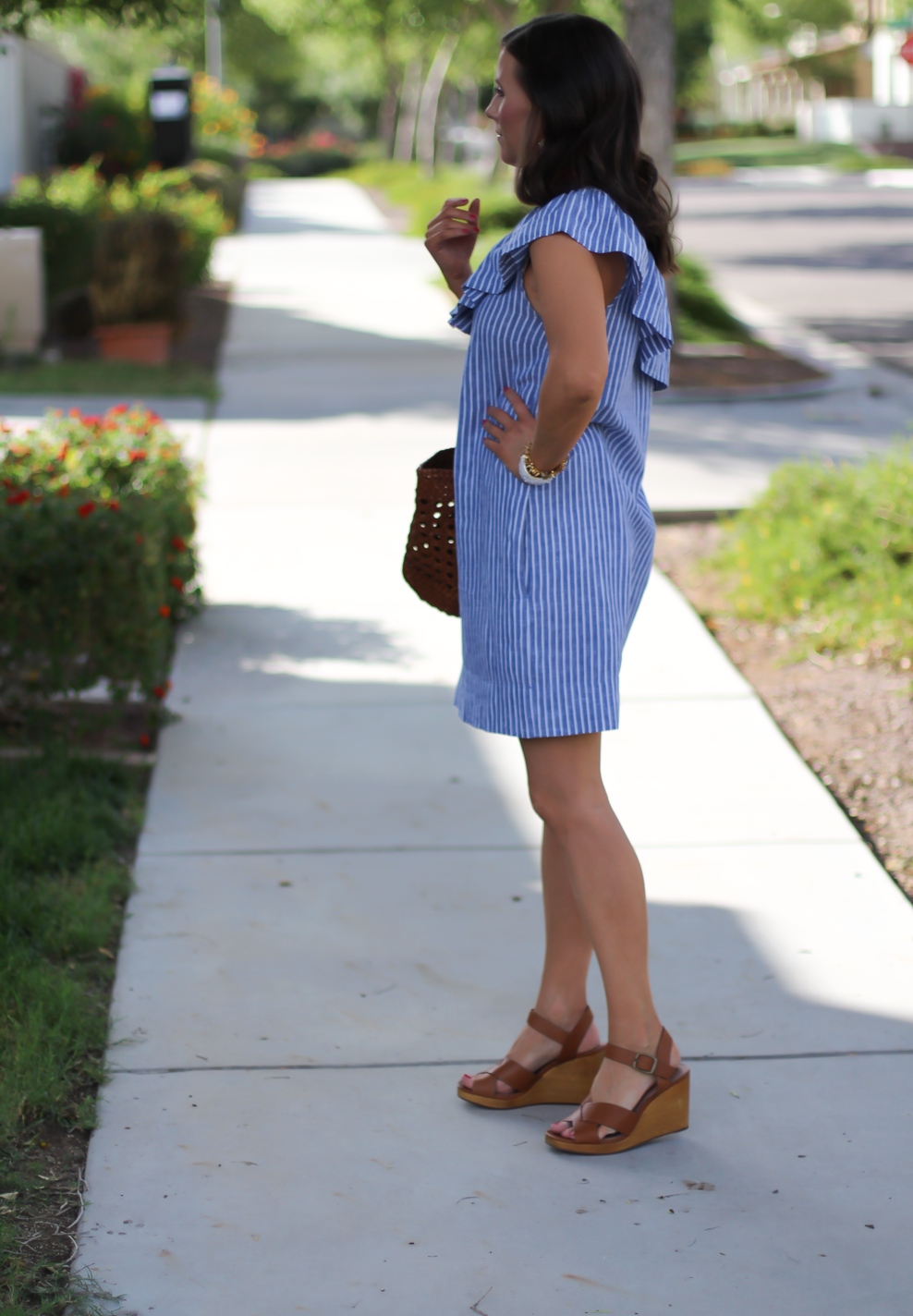 Striped One Shoulder Ruffle Dress, Cognac Leather Wedge Sandals, Leather Basket Tote, Madewell, J.Crew