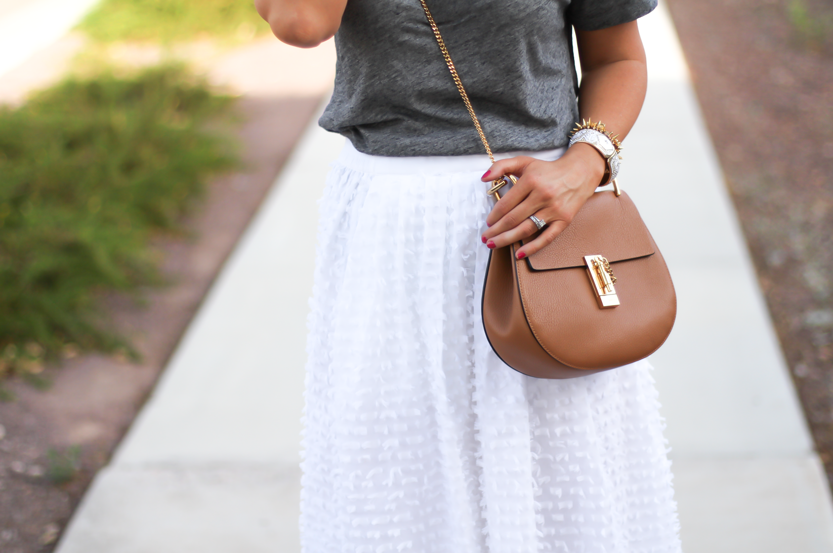 White Midi Skirt, Grey Tee, Tan Strappy Heels, Tan Chain Strap Bag, J.Crew, Madewell, Steve Madden, Chloe 11