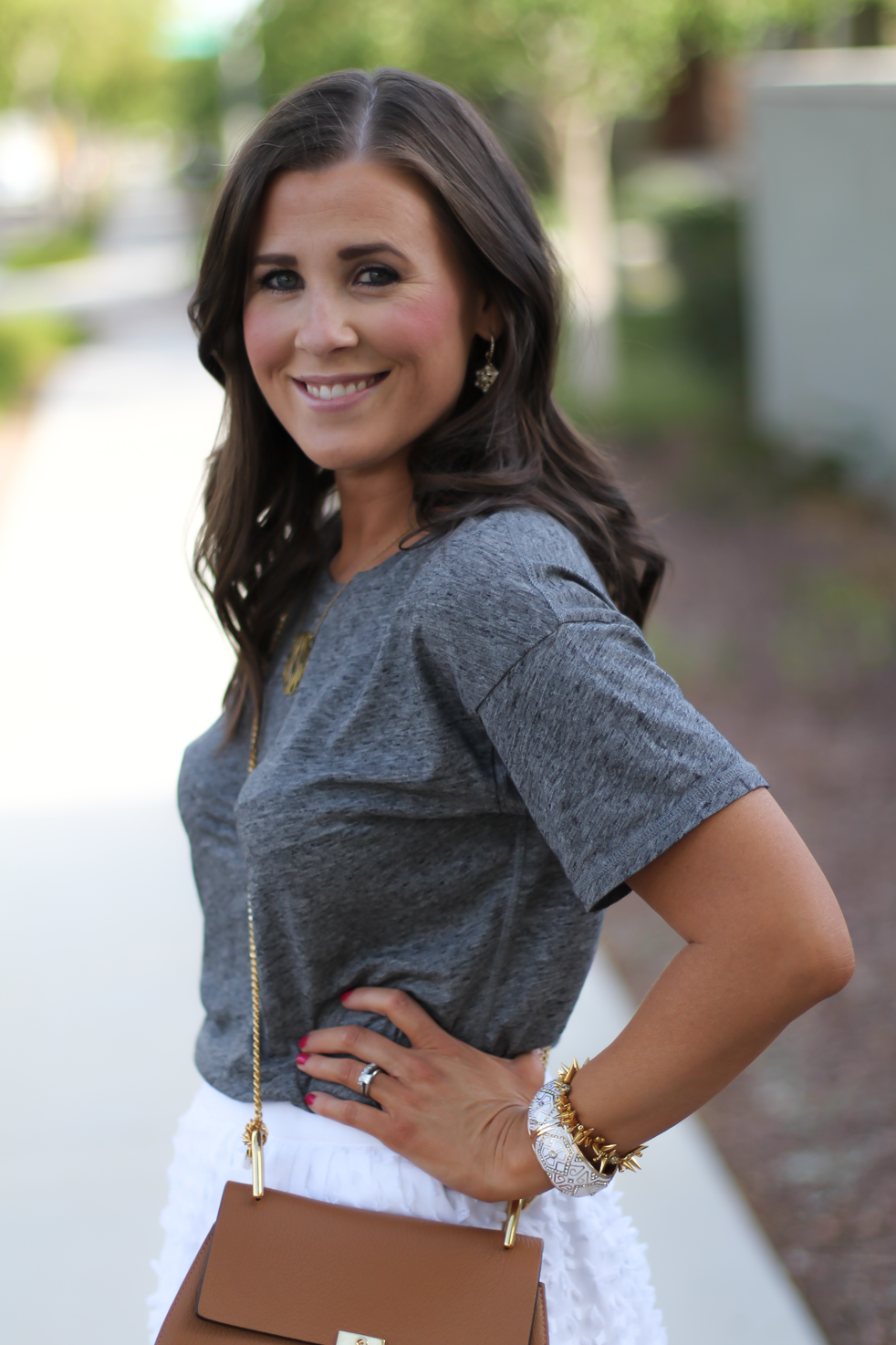 White Midi Skirt, Grey Tee, Tan Strappy Heels, Tan Chain Strap Bag, J.Crew, Madewell, Steve Madden, Chloe 12