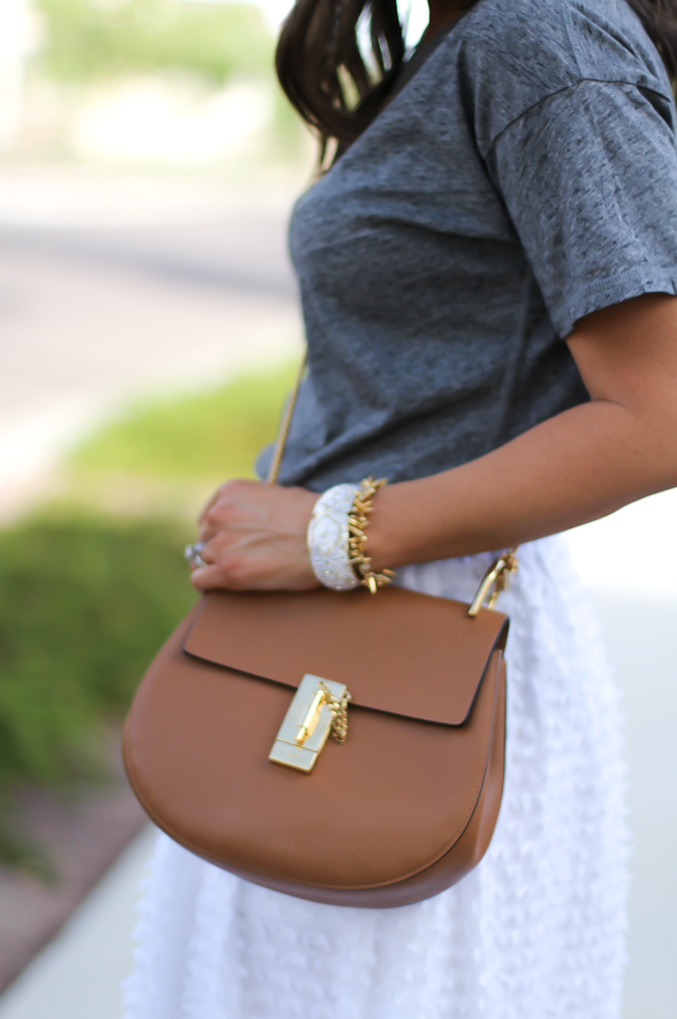 White Midi Skirt, Grey Tee, Tan Strappy Heels, Tan Chain Strap Bag, J.Crew, Madewell, Steve Madden, Chloe 14