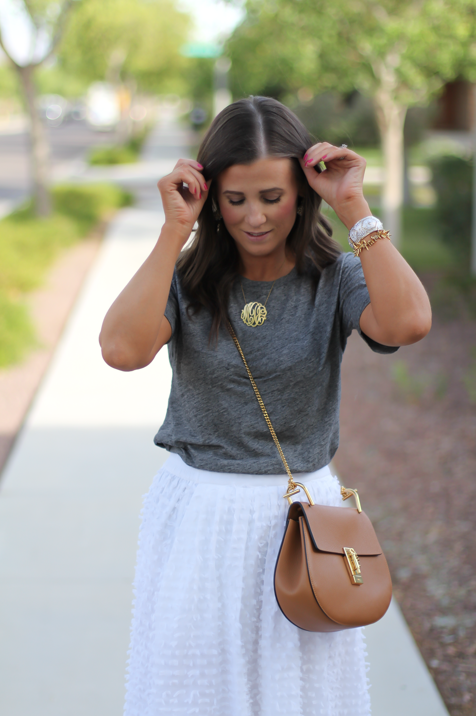 White Midi Skirt, Grey Tee, Tan Strappy Heels, Tan Chain Strap Bag, J.Crew, Madewell, Steve Madden, Chloe 15