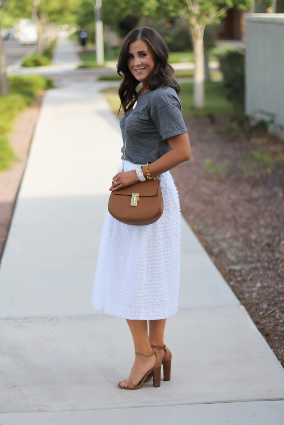 White Midi Skirt, Grey Tee, Tan Strappy Heels, Tan Chain Strap Bag, J.Crew, Madewell, Steve Madden, Chloe 3