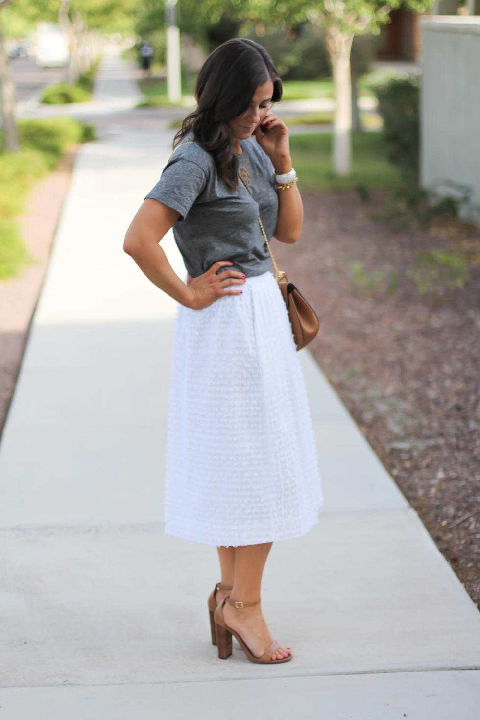 White Midi Skirt, Grey Tee, Tan Strappy Heels, Tan Chain Strap Bag, J.Crew, Madewell, Steve Madden, Chloe 7